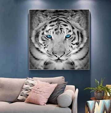 TPFLiving Kunstdruck (OHNE RAHMEN) Poster - Leinwand - Wandbild, Schwarz weißer Tiger mit blauen Augen (Verschiedene Größen), Farben: Leinwand bunt - Größe: 20x20cm