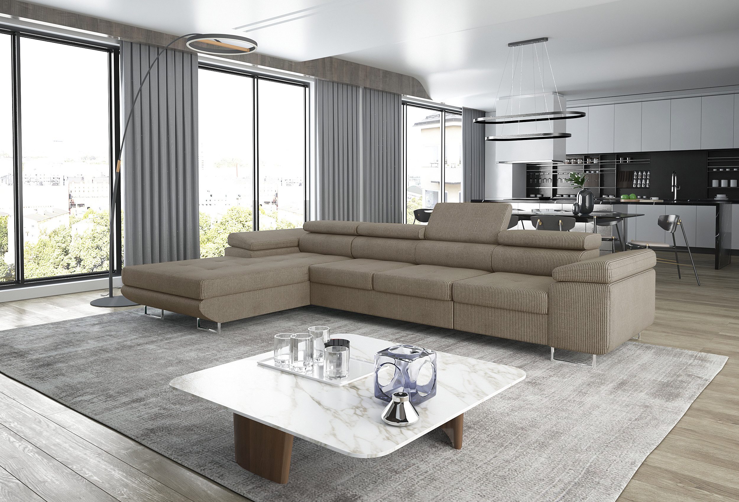 thematys Ecksofa ALVARO MAXI 355 x 204cm mit Schlaffunktion & Bettkasten –, L-Sofa mit 4 verstellbaren Kopfstützen, Samt (Monolotith), oder Cord (Poso) - L-Form, XL-Wohnlandschaft, 355 cm breit