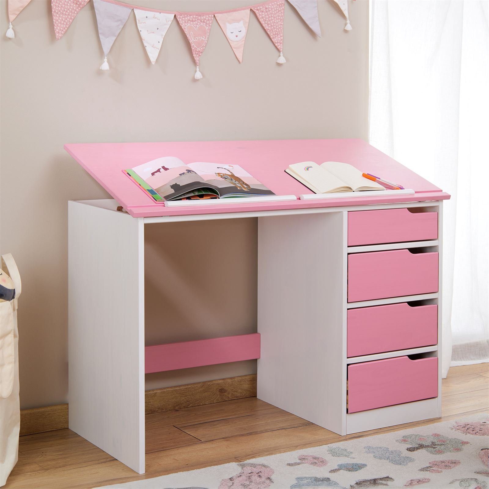 IDIMEX Kinderschreibtisch EMMA, Schreibtisch mit Schubladen, neigbare Tischplatte aus massivholz rosa