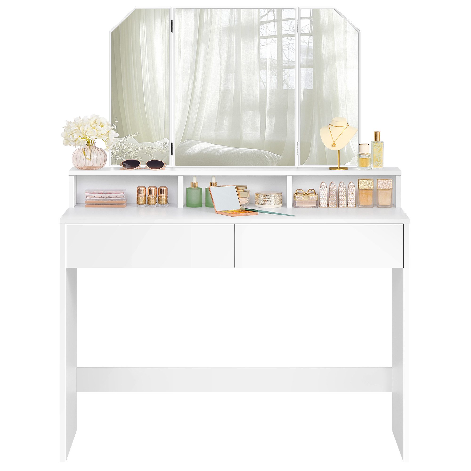 VASAGLE Schminktisch, mit Klappspiegel, 3 offenen Fächern, modern, weiß günstig online kaufen