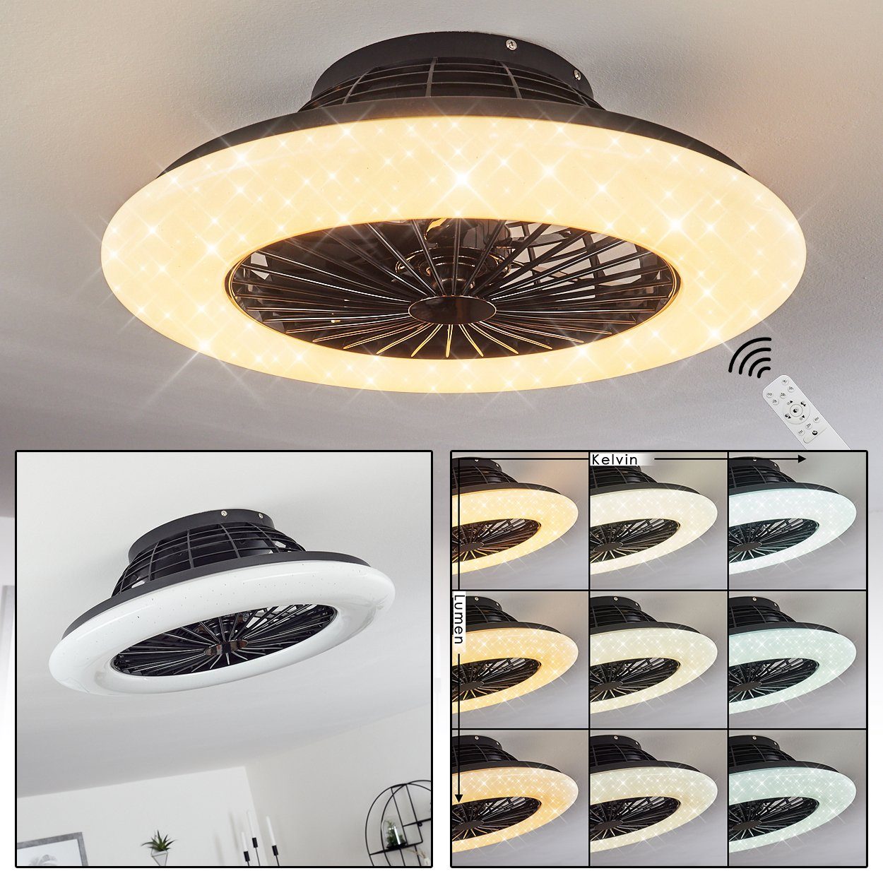 Metall, »Concas« Deckenlampe, Ventilator aus Tischturmventilator Schwarz, hofstein Weiß Kunststoff,