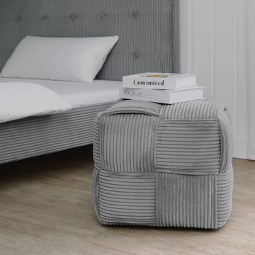 Sitzhocker Pouf Hocker Cord Stoff Grau Sitzwürfel Flechtmuster weich, Cordstoff im Flechtmuster