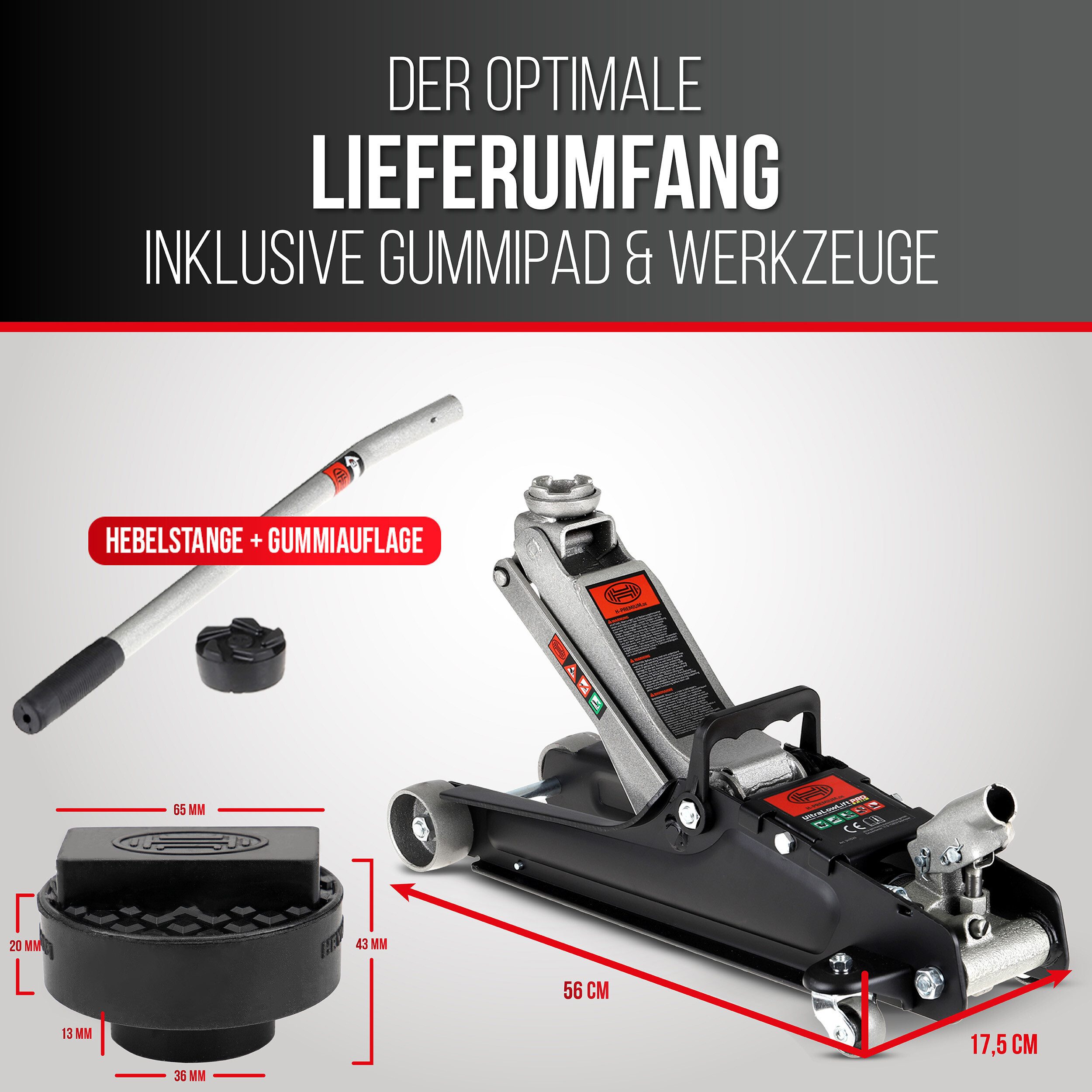 HEYNER Rangierwagenheber Hydraulik‑Rangierwagenheber Set 2,25 t, 85–380 mm, BMW/MINI-Auflage, max. Hubhöhe: 38 cm, Set, 2-tlg., BMW Gummiauflage