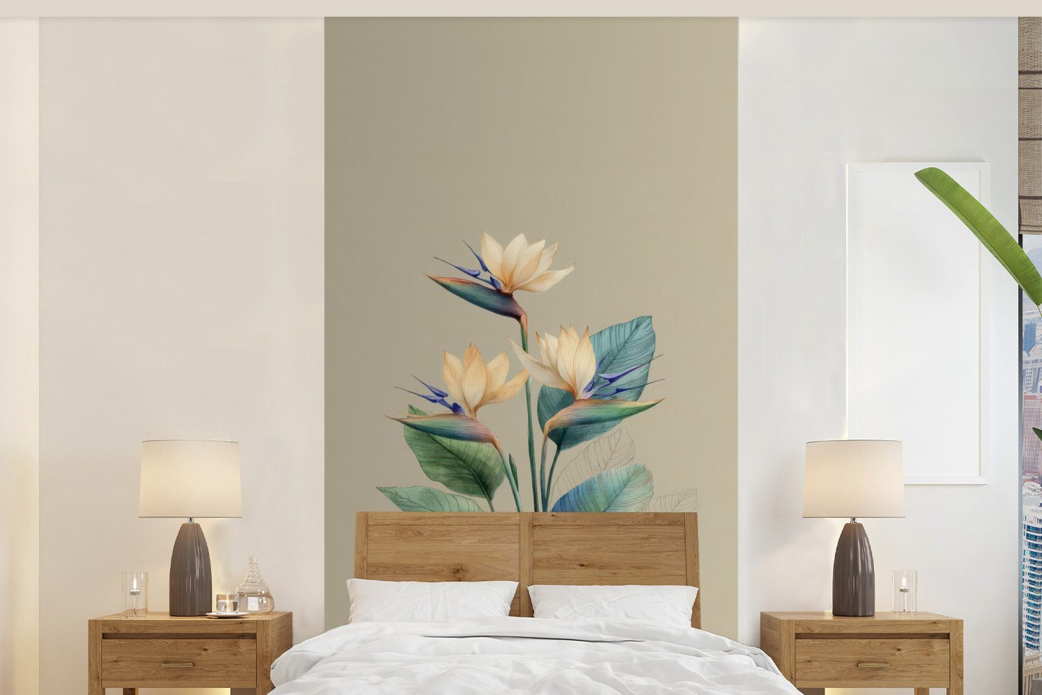 MuchoWow Fototapete Paradiesvogelblüten - Blaugrüne Blätter - Beige, Matt, bedruckt, Vliestapete für Wohnzimmer Schlafzimmer Küche, Fototapete, 120x240 cm