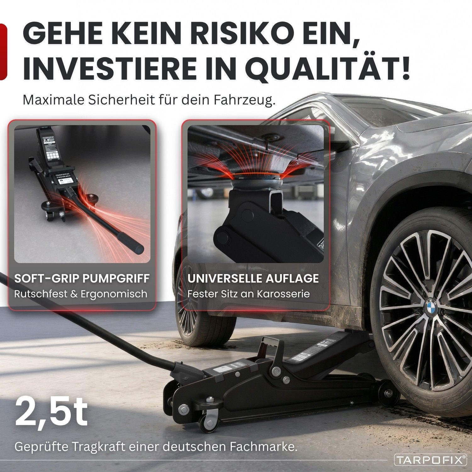 Tarpofix® Wagenheber Hydraulischer Wagenheber 2,5t flach für PKW SUV mit Koffer, max. Hubhöhe: 38 cm, Schwarz: Flacher Auto Wagenheber 2,5t in Schwarz mit Koffer