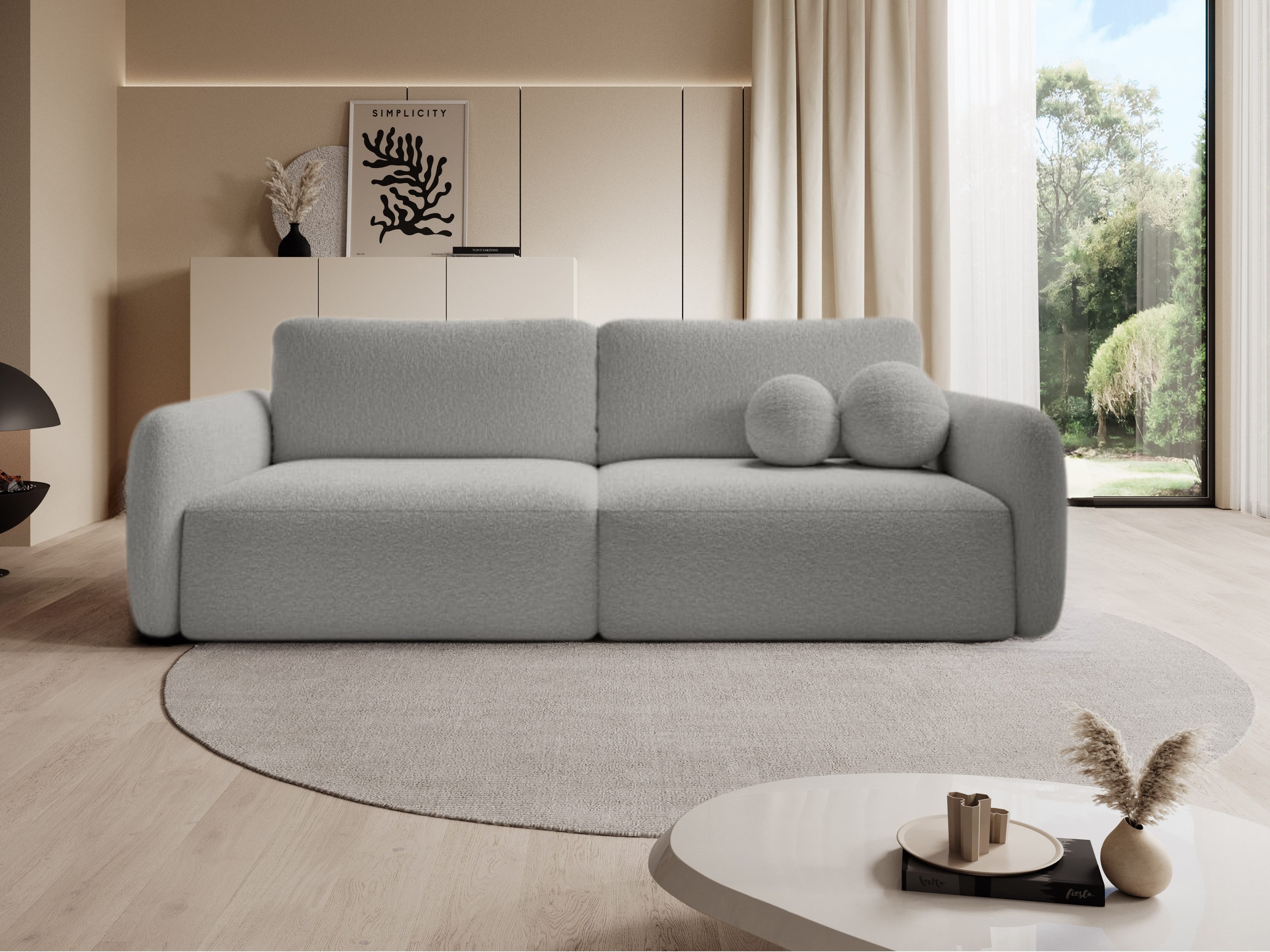 Goldstoff Schlafsofa Boo mit Bouclé-Stoff, Dekorative runde Kissen, ausziehbare Liegefläche