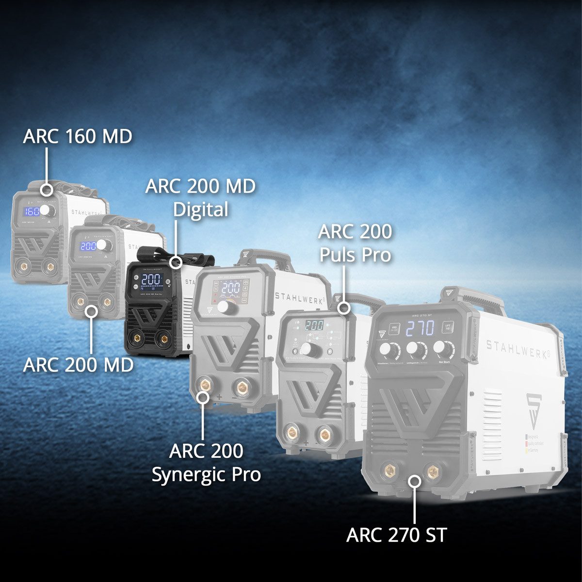 STAHLWERK Inverterschweißgerät ARC 200 MD Digital Inverter E Hand Schweißgerät 200 A MMA Lift TIG, Packung}, 6-tlg., Einzelgerät, E-Hand, Lift-TIG Inverter mit 200 Ampere, Digital-Display, IGBT