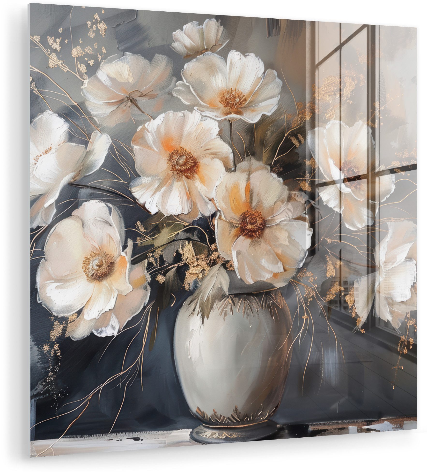 MuchoWow Acrylglasbild Blumen - Weiß - Vase - Modern, Inkl. Aufhängung, Bilder auf Glas Wandbild, Wanddeko Wohnzimmer Badezimmer, 20x20 cm