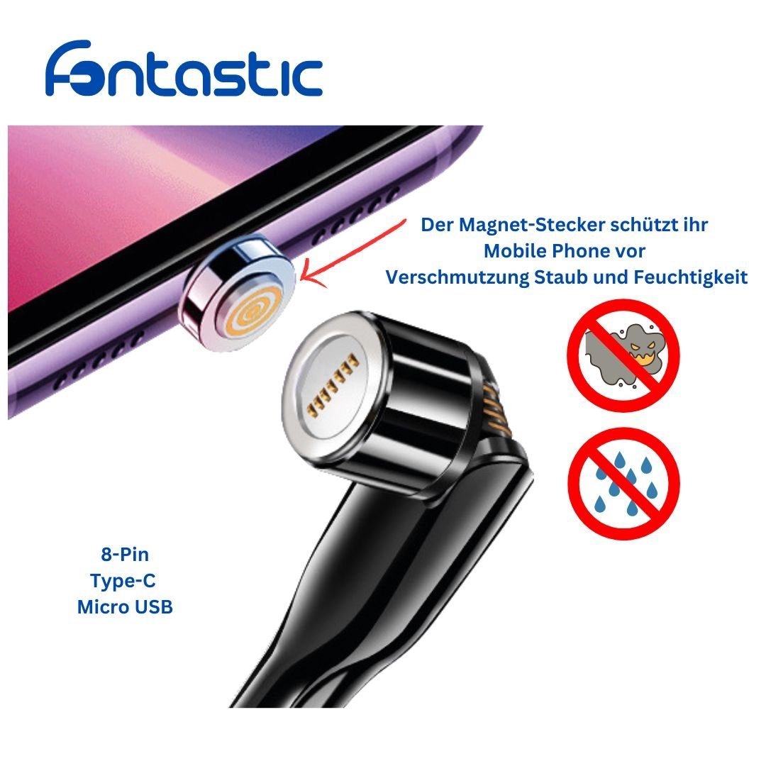 fontastic 3in1 - Magnet Datenkabel 540Grad Drehbar, schwarz USB-Ladegerät – Bild 3 von 5