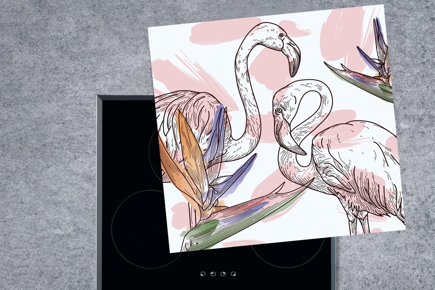 Vogel küche - - Flamingo Pflanzen Ceranfeldabdeckung, MuchoWow Arbeitsplatte Herdblende-/Abdeckplatte 78x78 Muster, - cm, für (1 tlg), Vinyl,