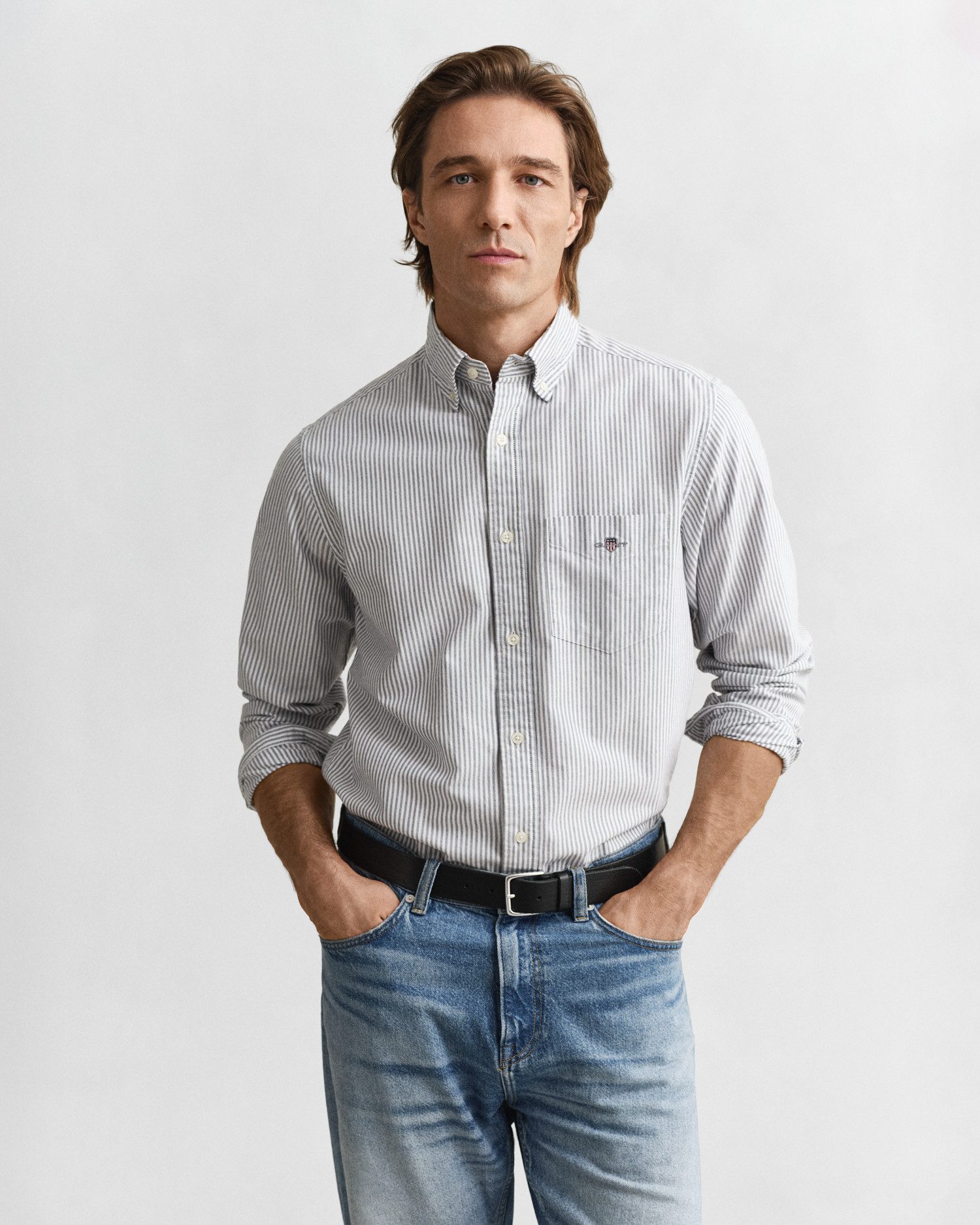 Gant Langarmhemd Regular Fit Oxford Hemd strukturiert langlebig dicker gestreift mit dezenter Logostickerei