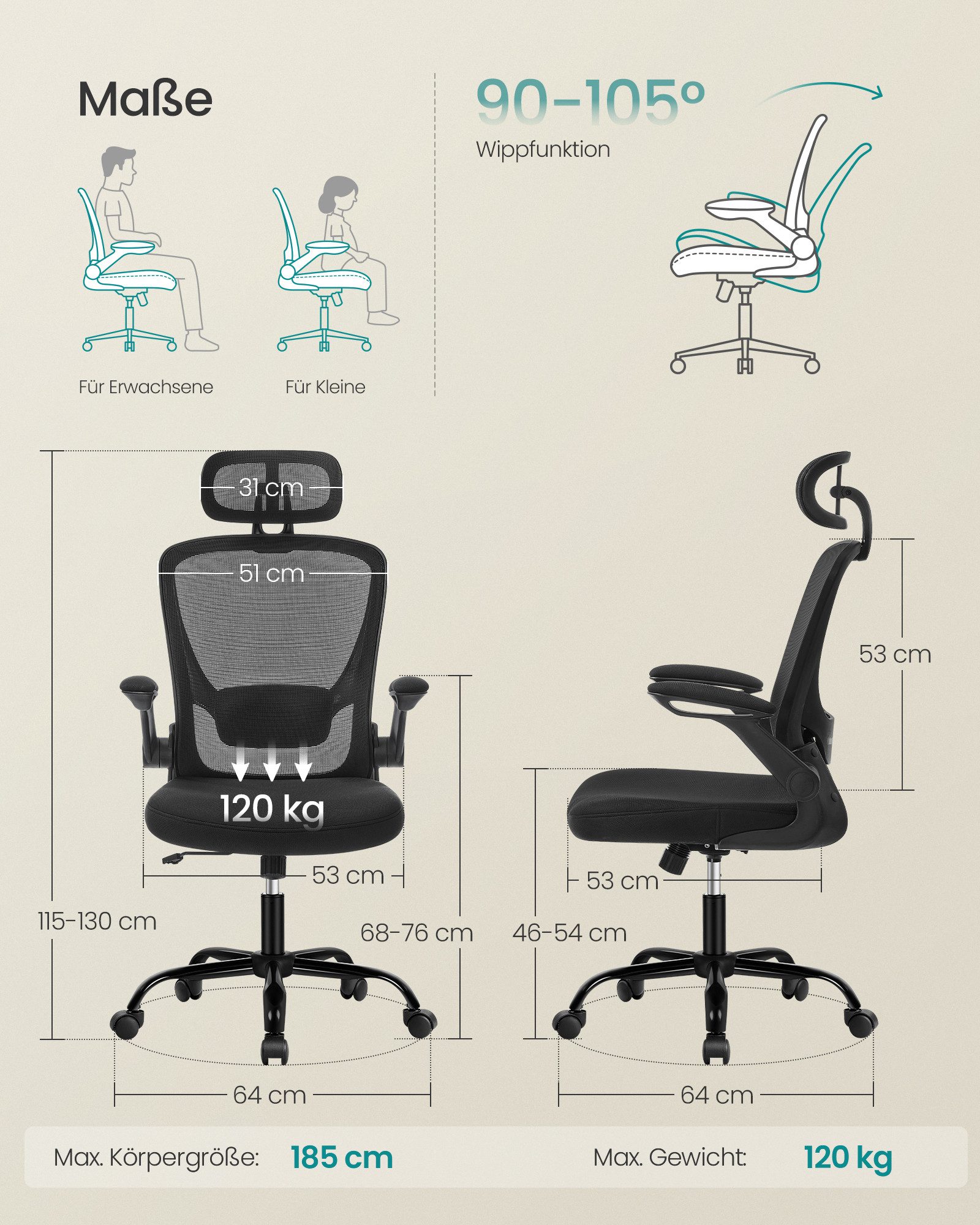 SONGMICS Bürostuhl ergonomischer Drehstuhl mit Mesh, Lendenstütze, Wippfunktion, mit Kopfstütze, 53 cm breite Sitzfläche und klappbaren Armlehnen
