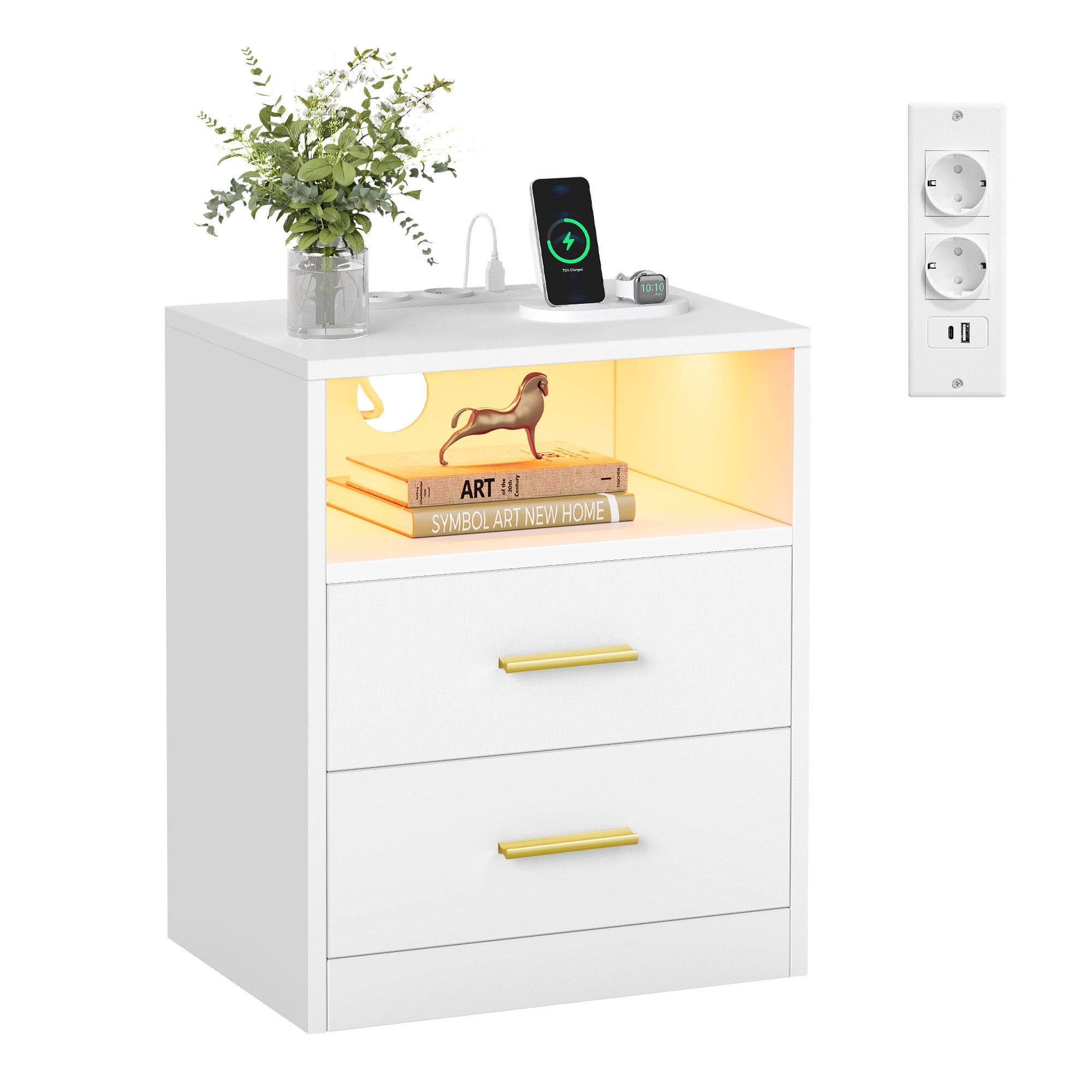 VASAGLE Nachttisch mit Ladestation, LED-Beleuchtung und Schubladen, Beistelltisch, modern, 2 AC-Steckdosen und USB-Anschlüssen
