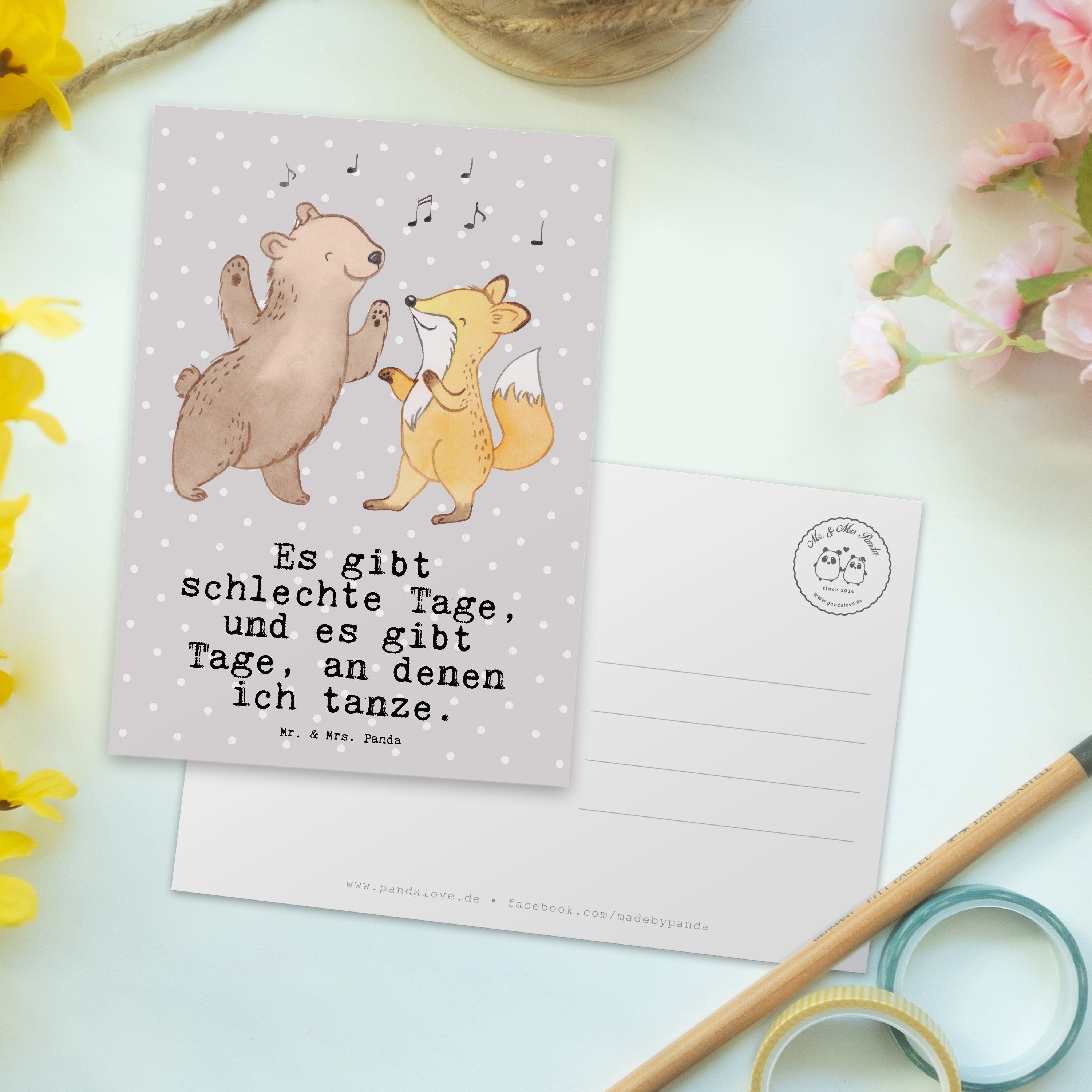 Mr. & Mrs. Panda Postkarte Grau - Geburtstag Tanzen Ansichtskarte, - Geschenk, Hase Tage Pastell