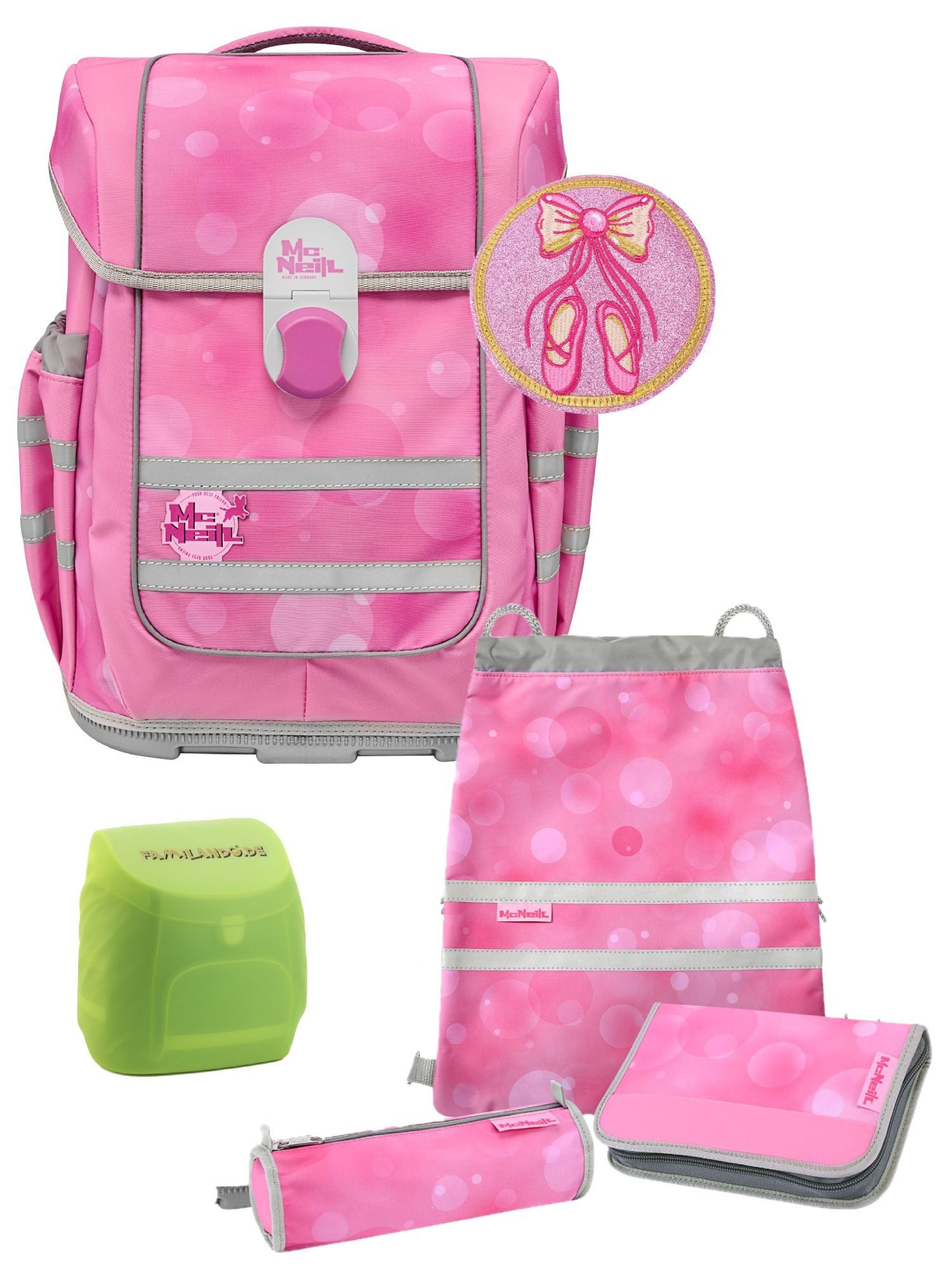 McNeill Schulranzen Ergo Complete 1.-4. Klasse ergonomisch, leicht, Volumen 20 Liter (Set, 6-tlg., inkl. Federmäppchen, Turnbeutel, Schlamper und Motivmagnet), ClickFlex-Rückensystem, Reflektoren, inkl. McAddy Ballerina
