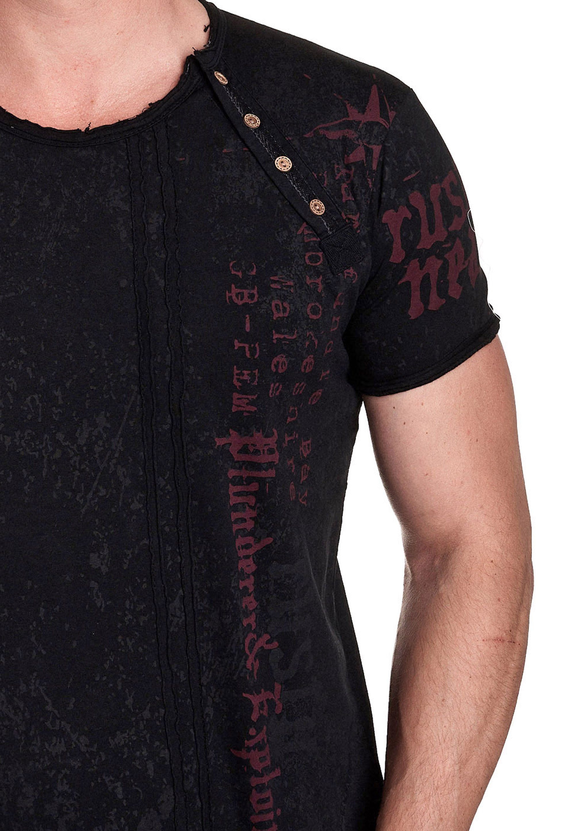 Rusty Neal T-Shirt mit seitlicher Knopfleiste schwarz