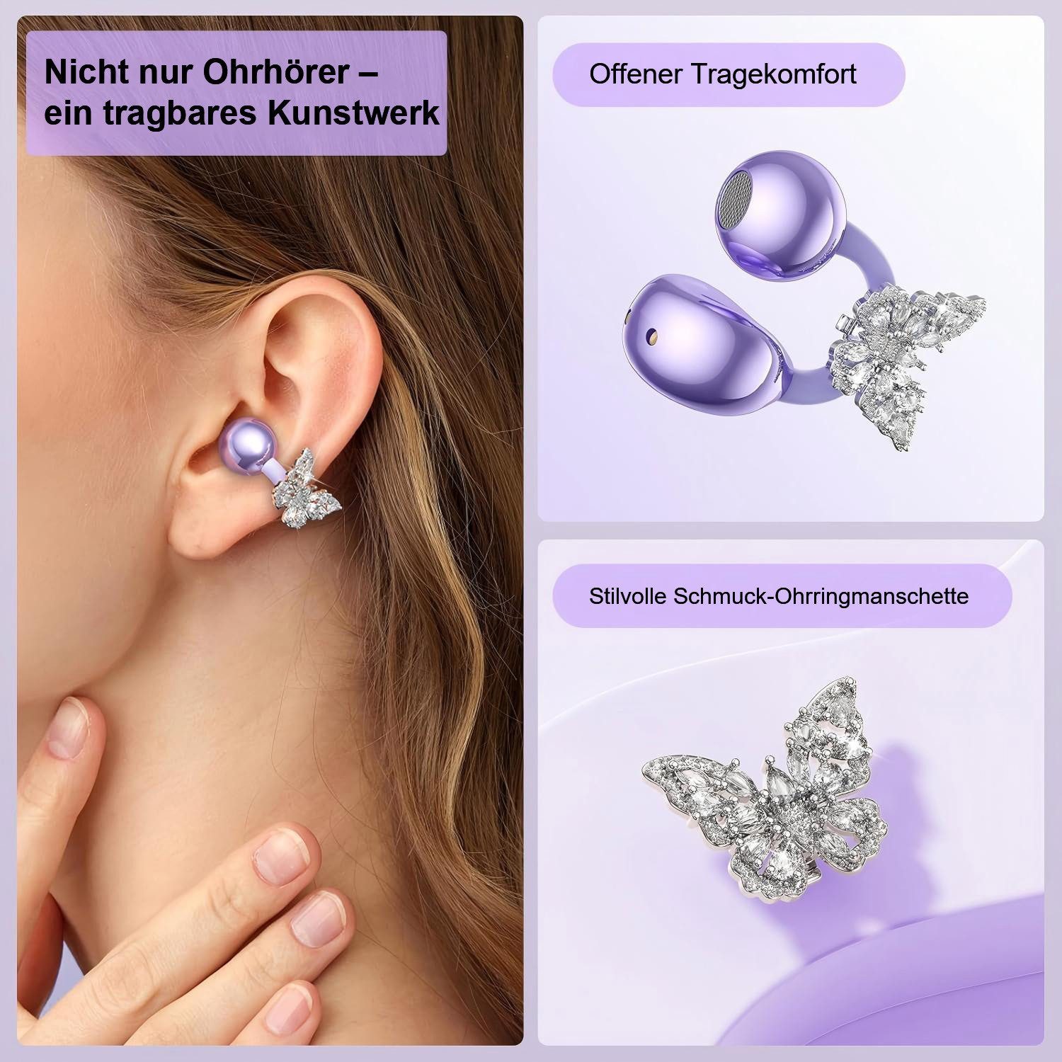 Futicare Bluetooth 5.4 Clip-On Kopfhörer mit LCD-Touchcase, Open-Ear-Kopfhörer (leichte Ohrclip-Kopfhörer, mit 14,2-mm-Treiber, ENC & 60 Std. Laufzeit)