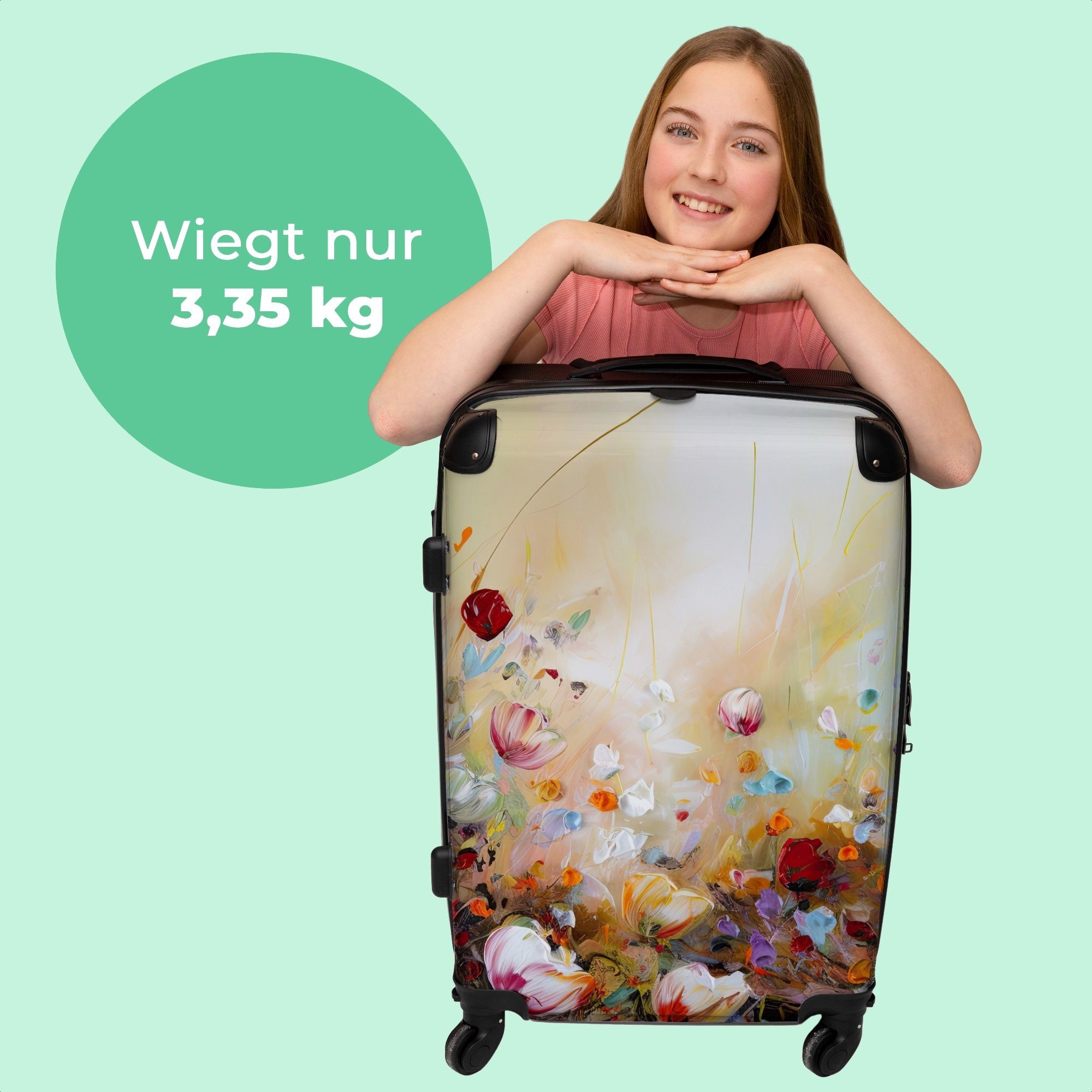 Natur, mit - - Rollen Koffer Farbenfroh 4 Rollen, - Reisekoffer Rollkoffer Trolley Blumen NoBoringSuitcases.com© 67x43x25cm - Große 4 Ölfarben Aufgabegepäck