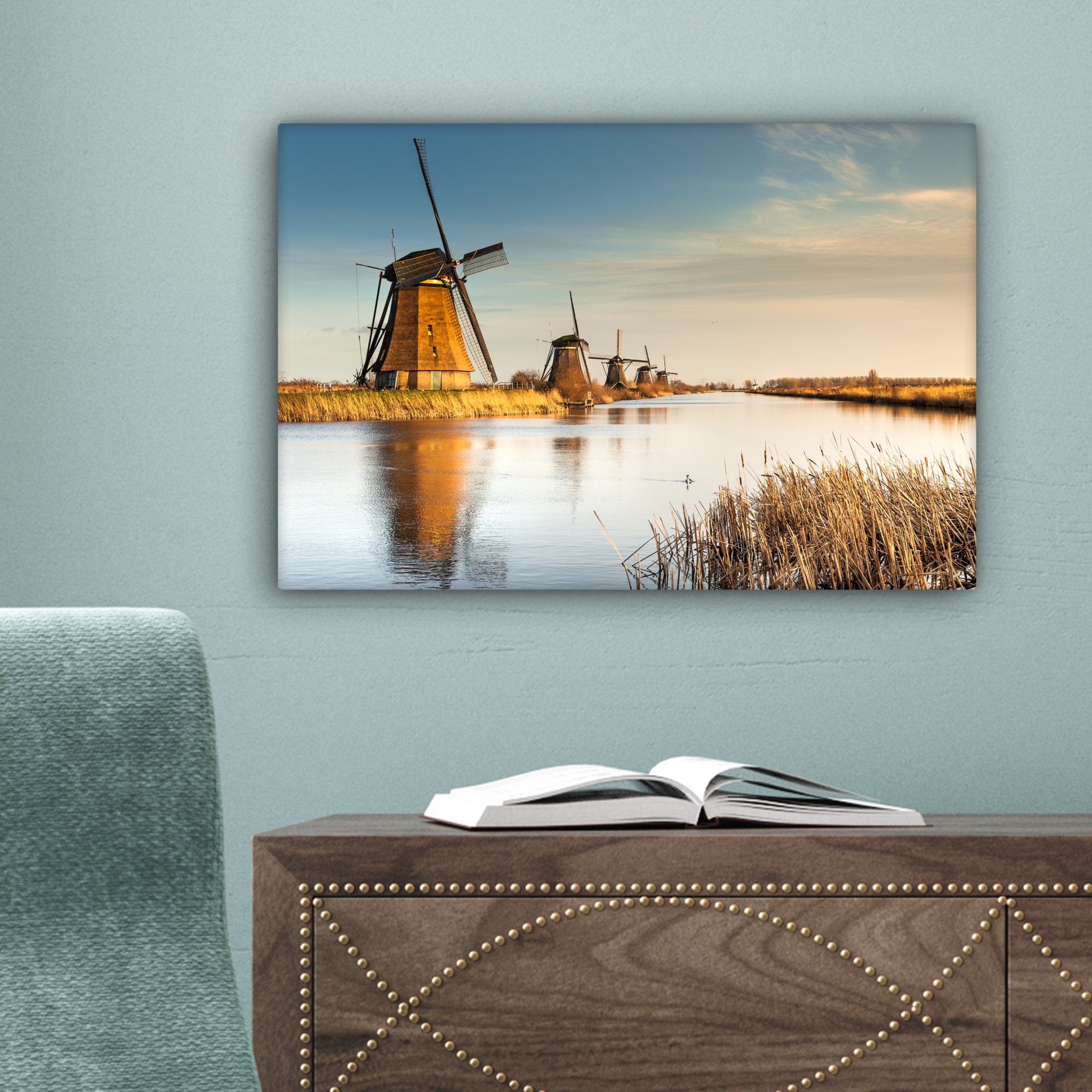 Wanddeko, (1 Wandbild Holland cm Landschaft, 30x20 St), - Leinwandbilder, Mühle Aufhängefertig, OneMillionCanvasses® Leinwandbild -