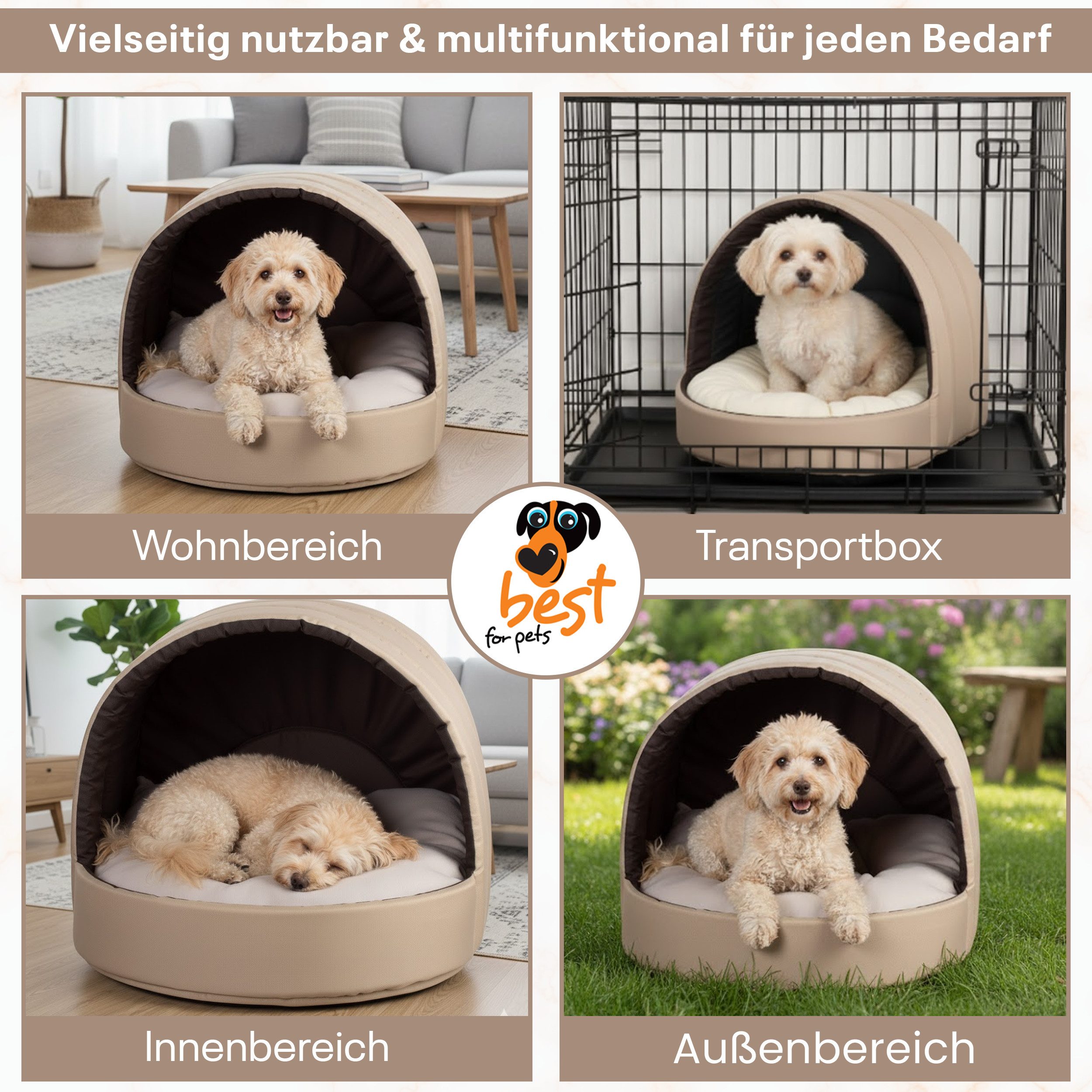 Best for Pets Hundehütte Hundebett Katzenbett mit Kissen wasserfest PVC gemütlicher Schlafplatz, Wasserfest, abwaschbar, kuscheliges Design