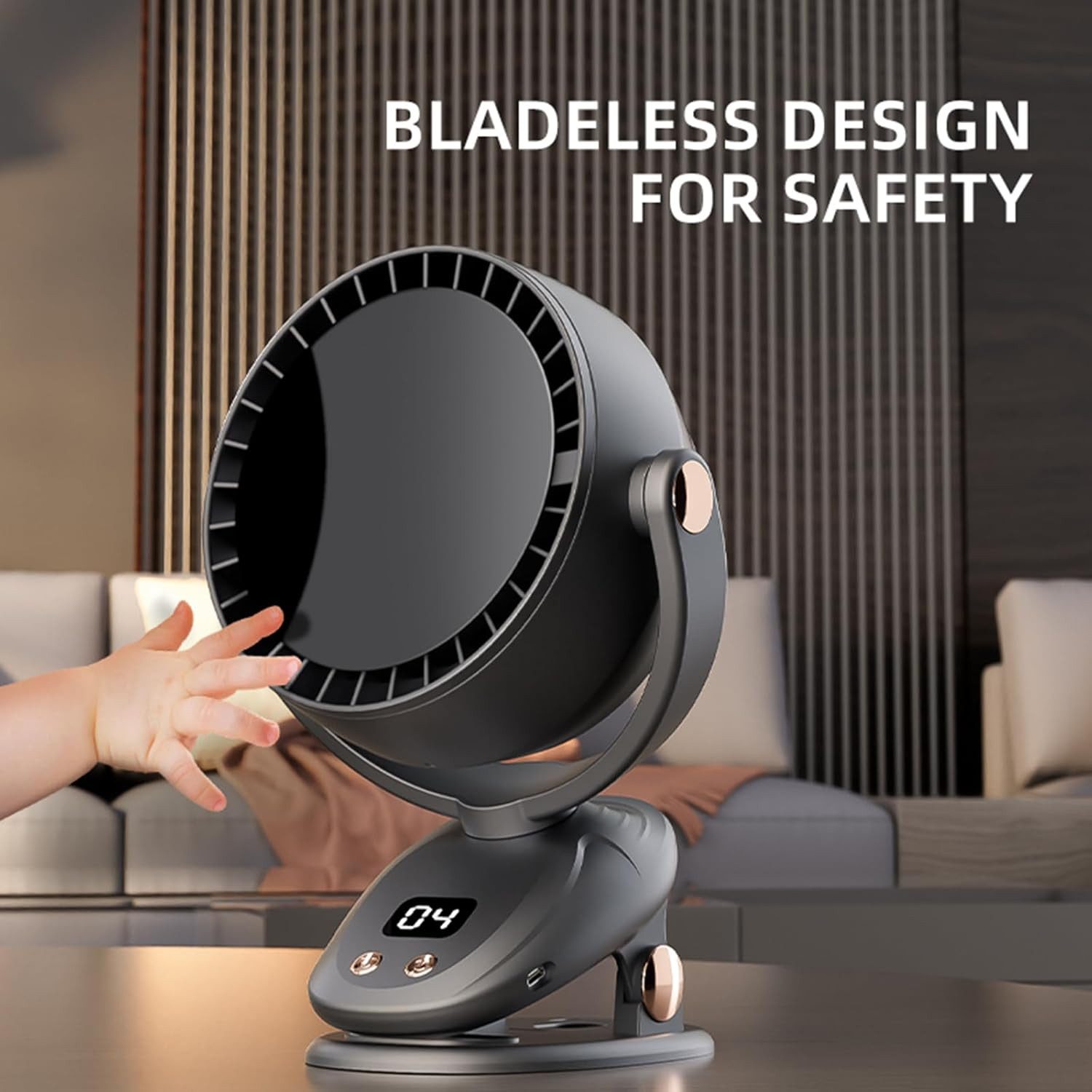 MOPUEA Akku-Standventilator Rotorloser Klemmventilator 6 Stufen Akku Schwenkbar mit Display, 180° Autoswing, multifunktionaler, leiser Tischventilator für Büro