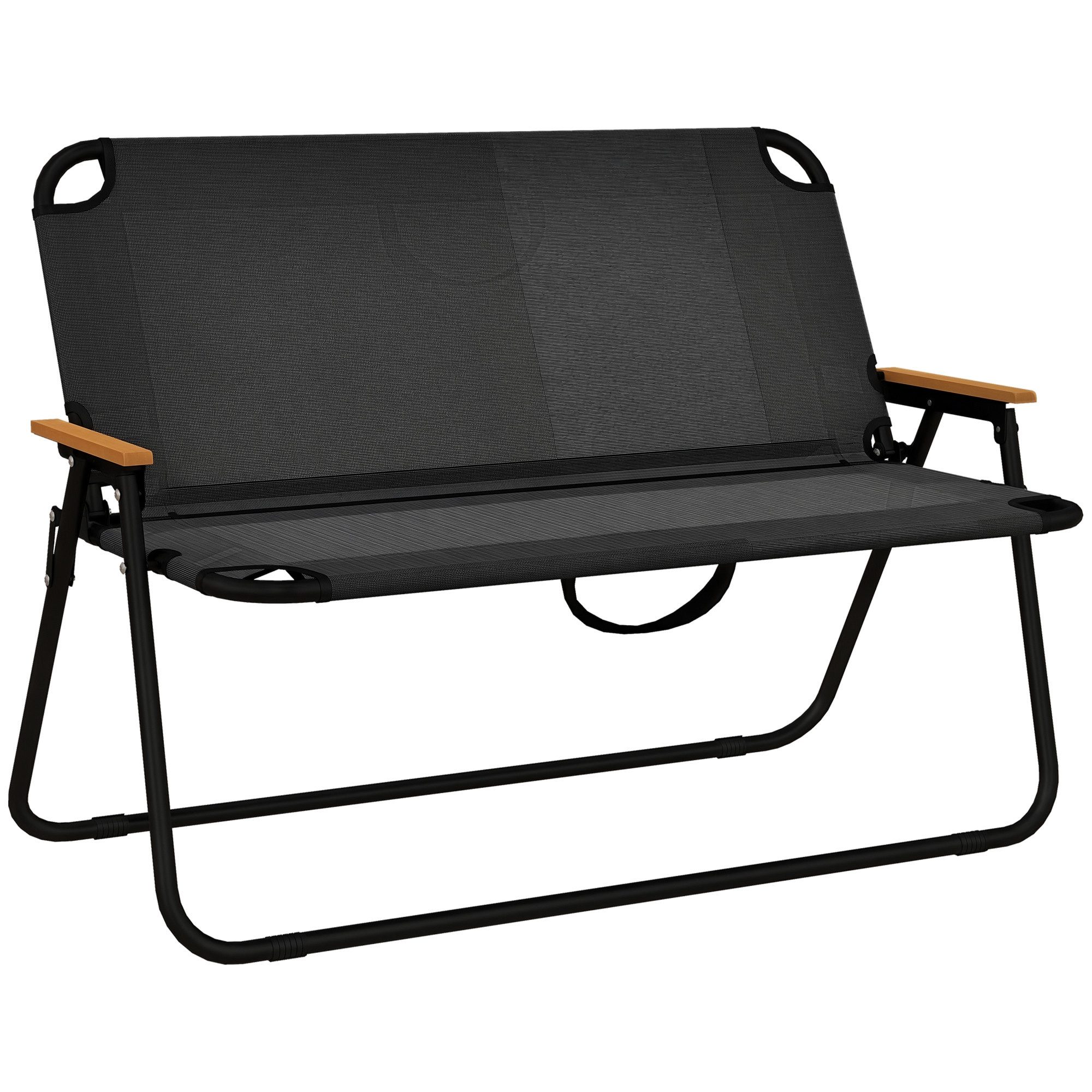 Outsunny Campingstuhl Sitzbank Klappbare 2-Sitzer Campingbank Klappbank bis 220 kg belastbar (Gartenbank, 1 St), für Camping, Terrasse, Mesh, Schwarz, 108 x 65 x 73 cm