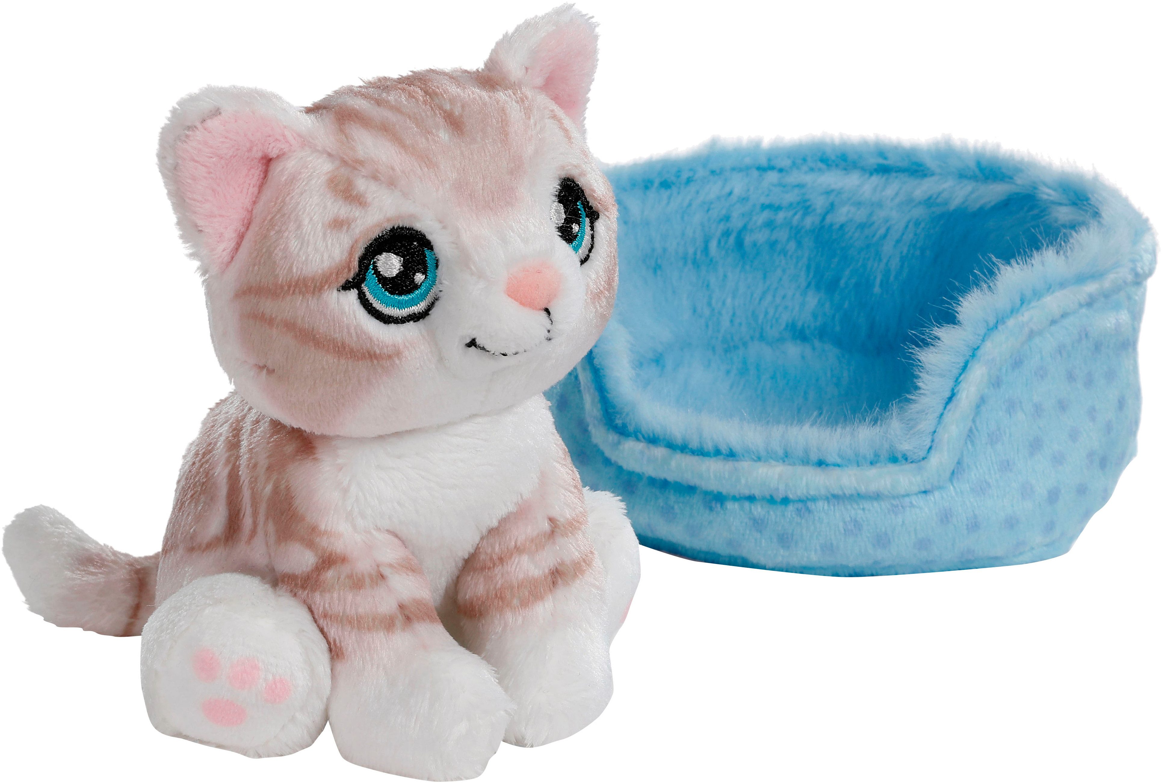 Nici Kuscheltier Little Paws, Katze grau getigert, 12 cm, im Körbchen blau