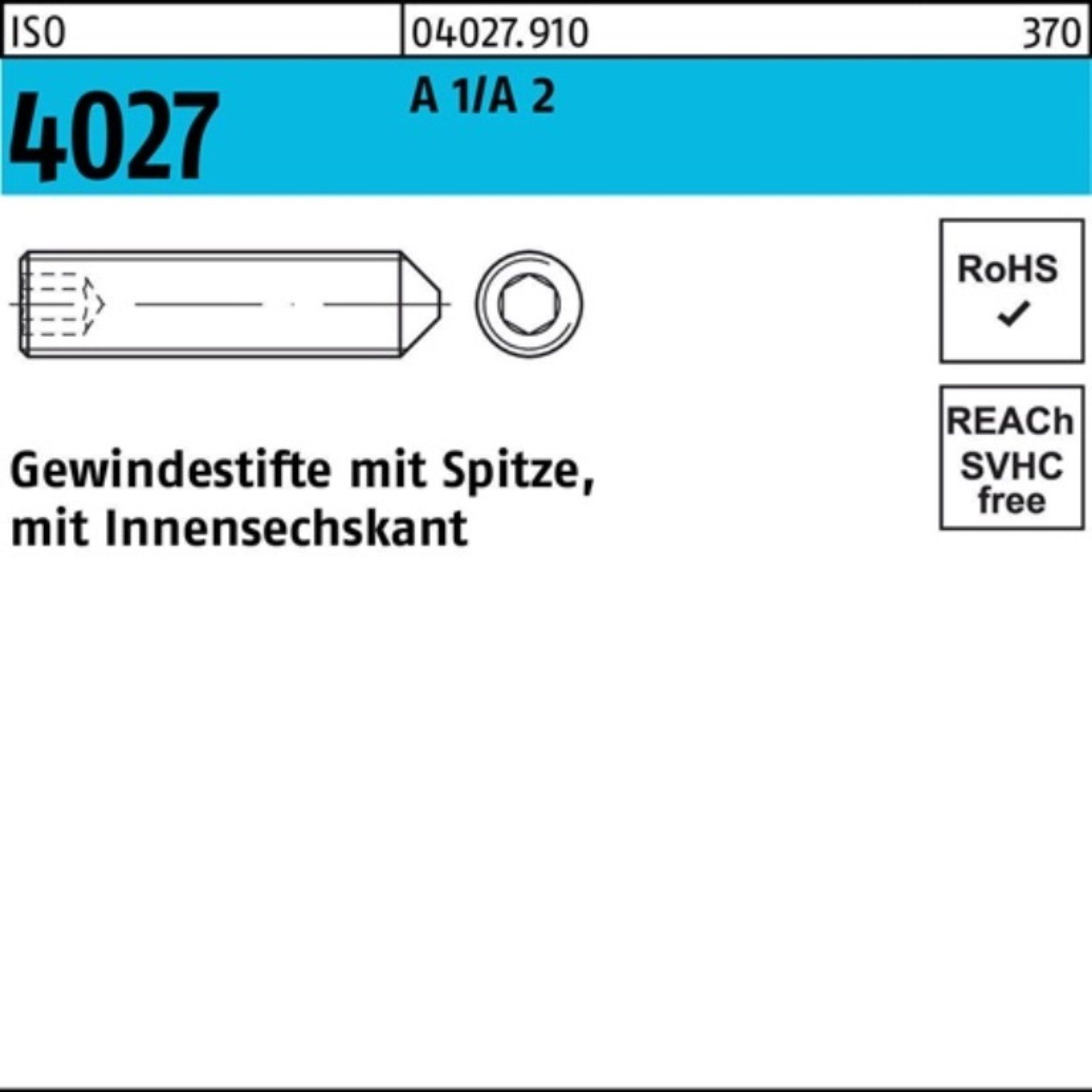 Reyher Gewindebolzen 100er Pack Gewindestift ISO 4027 Spitze/Innen-6kt M10x 12 A 2 100 Stü