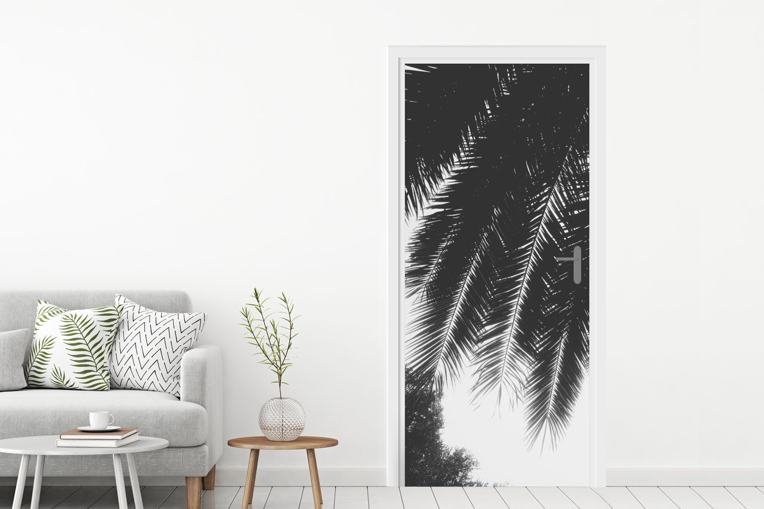 Sonne - Fototapete - bedruckt, Palme, (1 - 75x205 cm St), Palmenblätter Tür, Türtapete Türaufkleber, Matt, MuchoWow für Tropisch