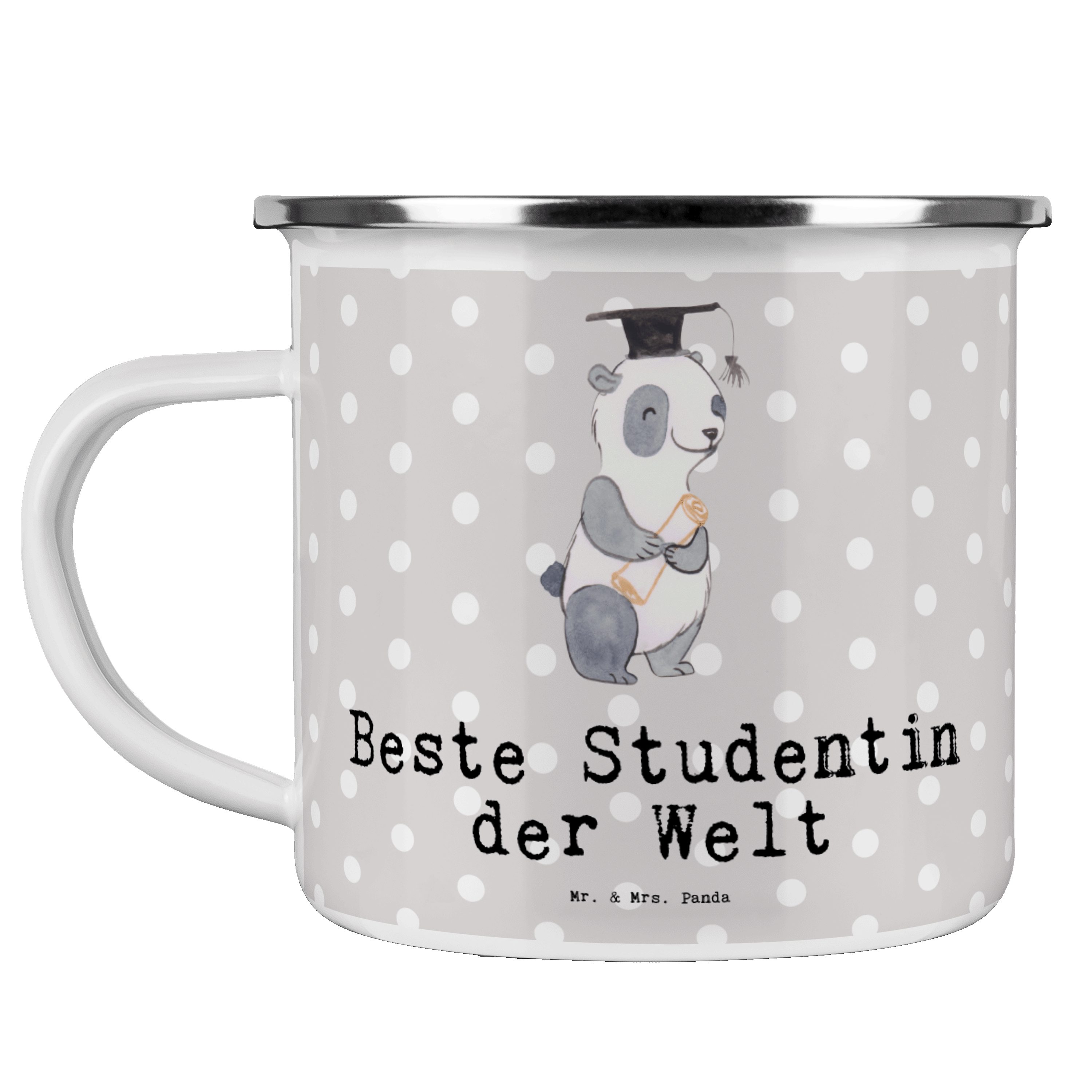 Mr. & Mrs. Panda Becher Panda Beste Studentin der Welt - Grau Pastell - Geschenk, Trinkbecher, Emaille