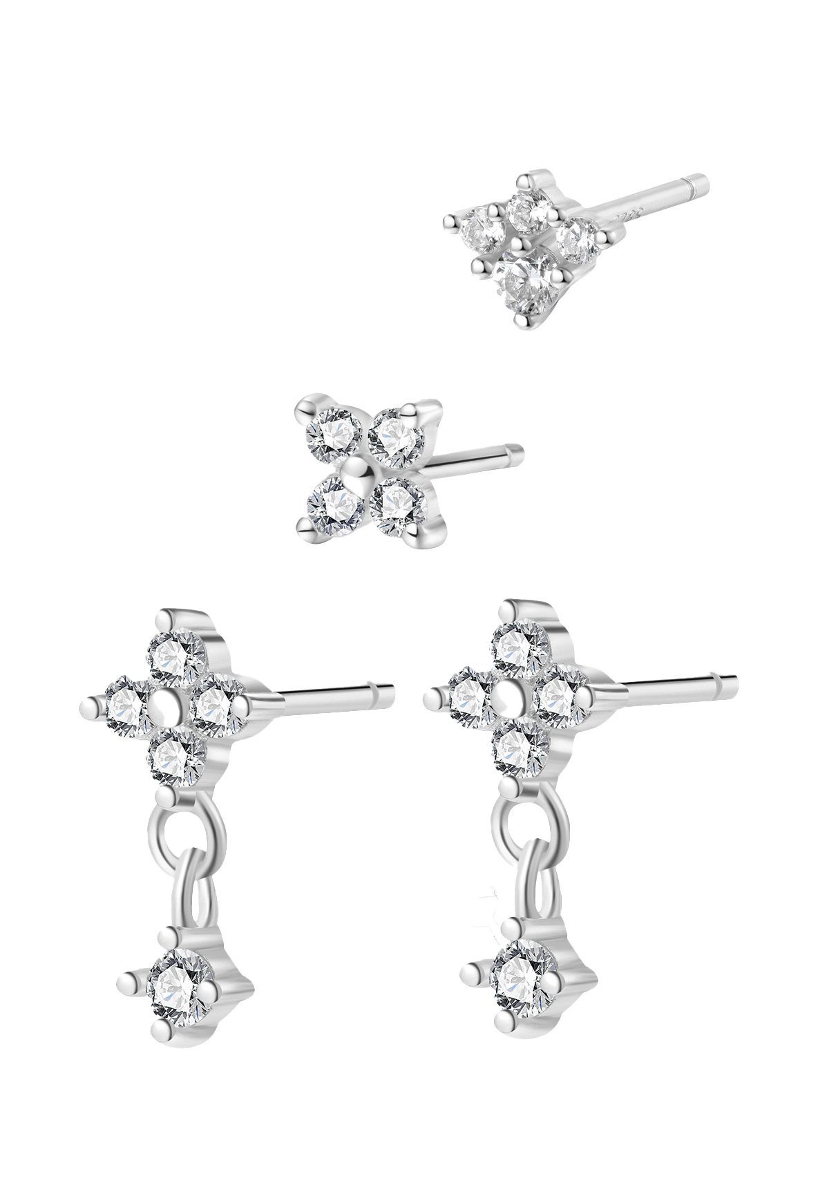 Hey Happiness Ohrstecker-Set Kristall Blumen, 925 Silber vergoldet, Hängende & kleine Ohrringe Damen mit Zirkonia, 4er Set