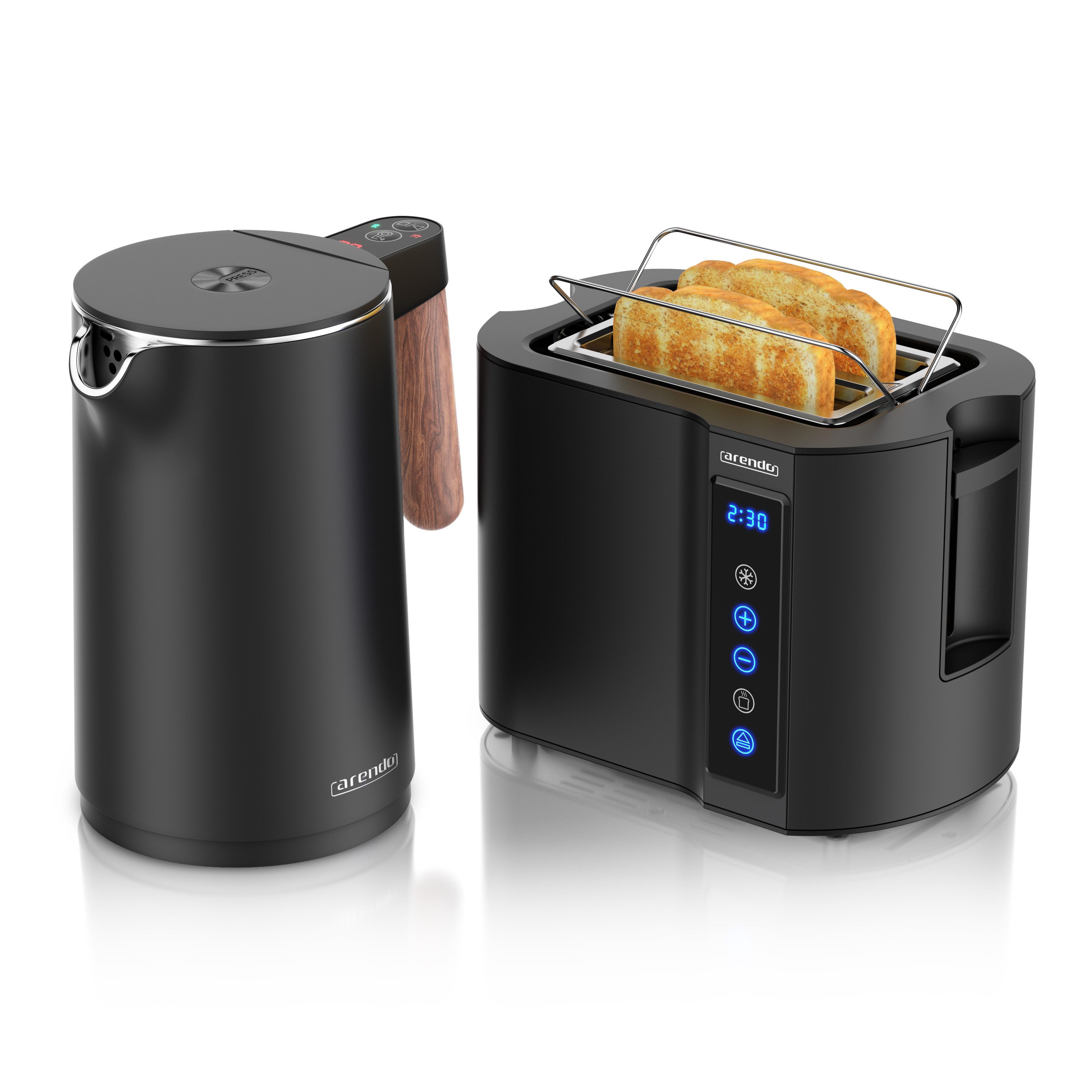 Arendo Frühstücks-Set Edelstahl Wasserkocher 1,5l, 2-Scheiben Kurzschlitz Toaster, schwarz (2-tlg), Wasserkocher mit Temperatureinstellung, …