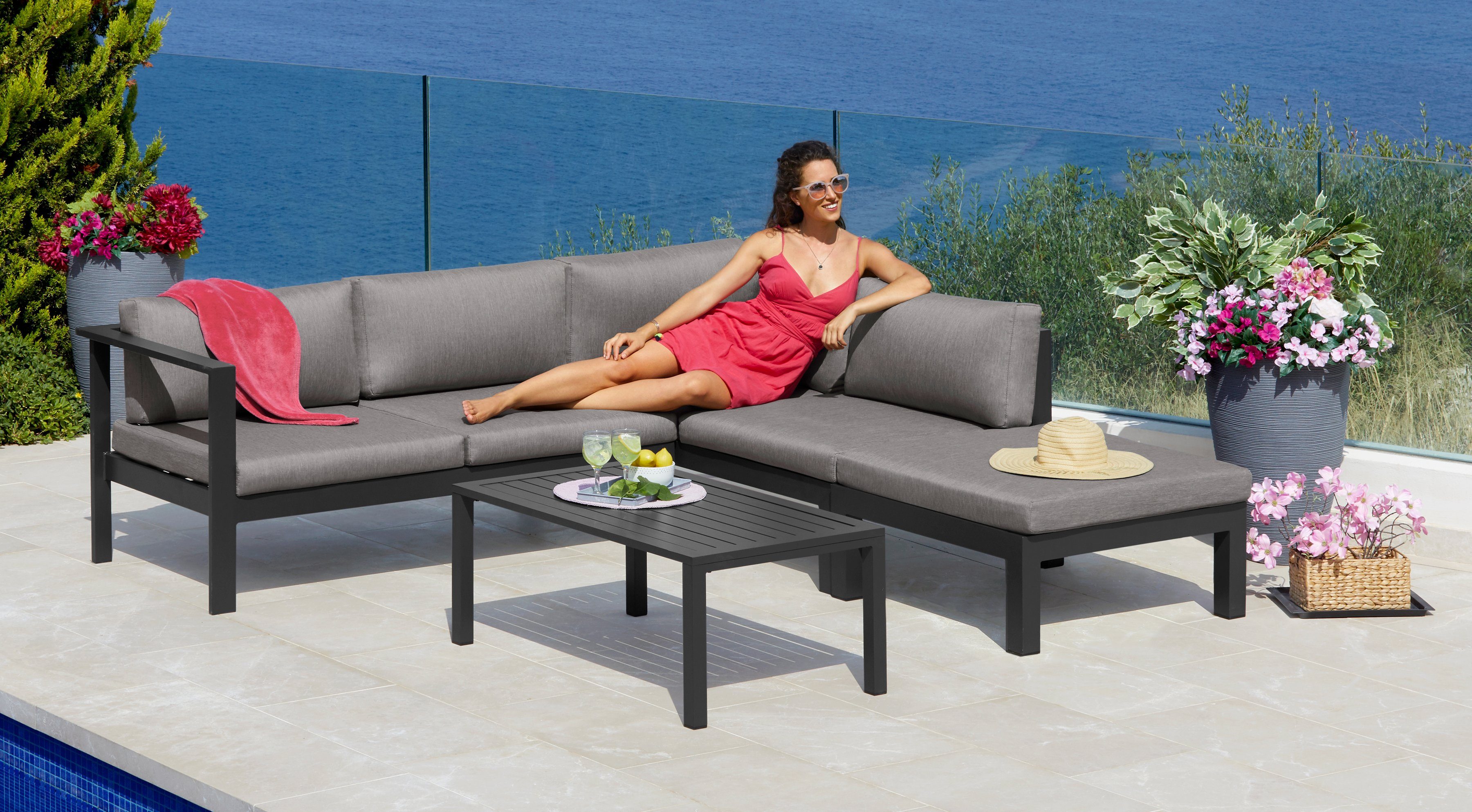 KONIFERA Gartenlounge-Set Dubai, (14-tlg), Ecklounge, Tisch 100x59 cm, Aluminium