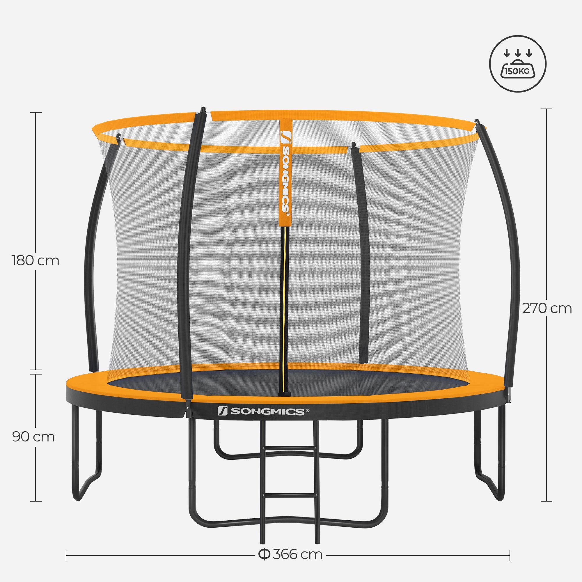 SONGMICS Gartentrampolin Ø 244/305/366/427 cm, Ø 366 cm, bis zu 80-150 kg belastbar, Trampolin mit Leiter und Sicherheitsnetz
