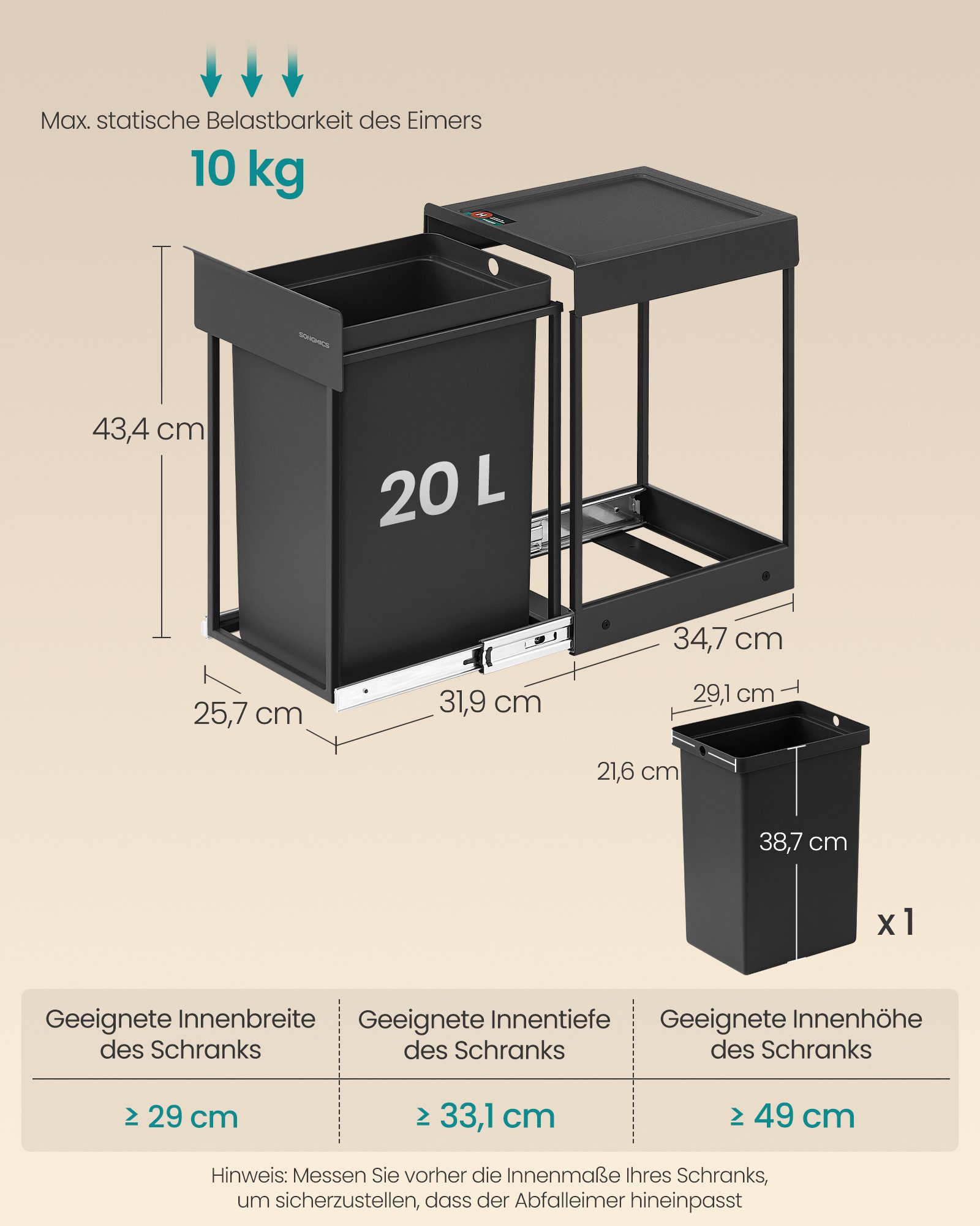 SONGMICS Mülleimer Abfalleimer ausziehbar, Küche, Stahlrahmen, ABS-Deckel, für Unterschrank – Bild 4 von 5
