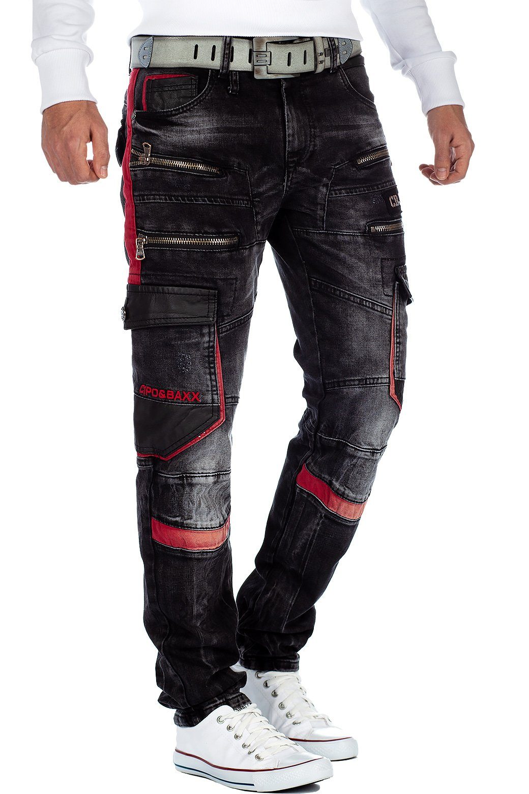 Cipo & Baxx Bikerjeans Herren Straight Fit Hose Stonewashed BA-CD561 4 Zipper und Cargostil Seitentaschen – Bild 4 von 5