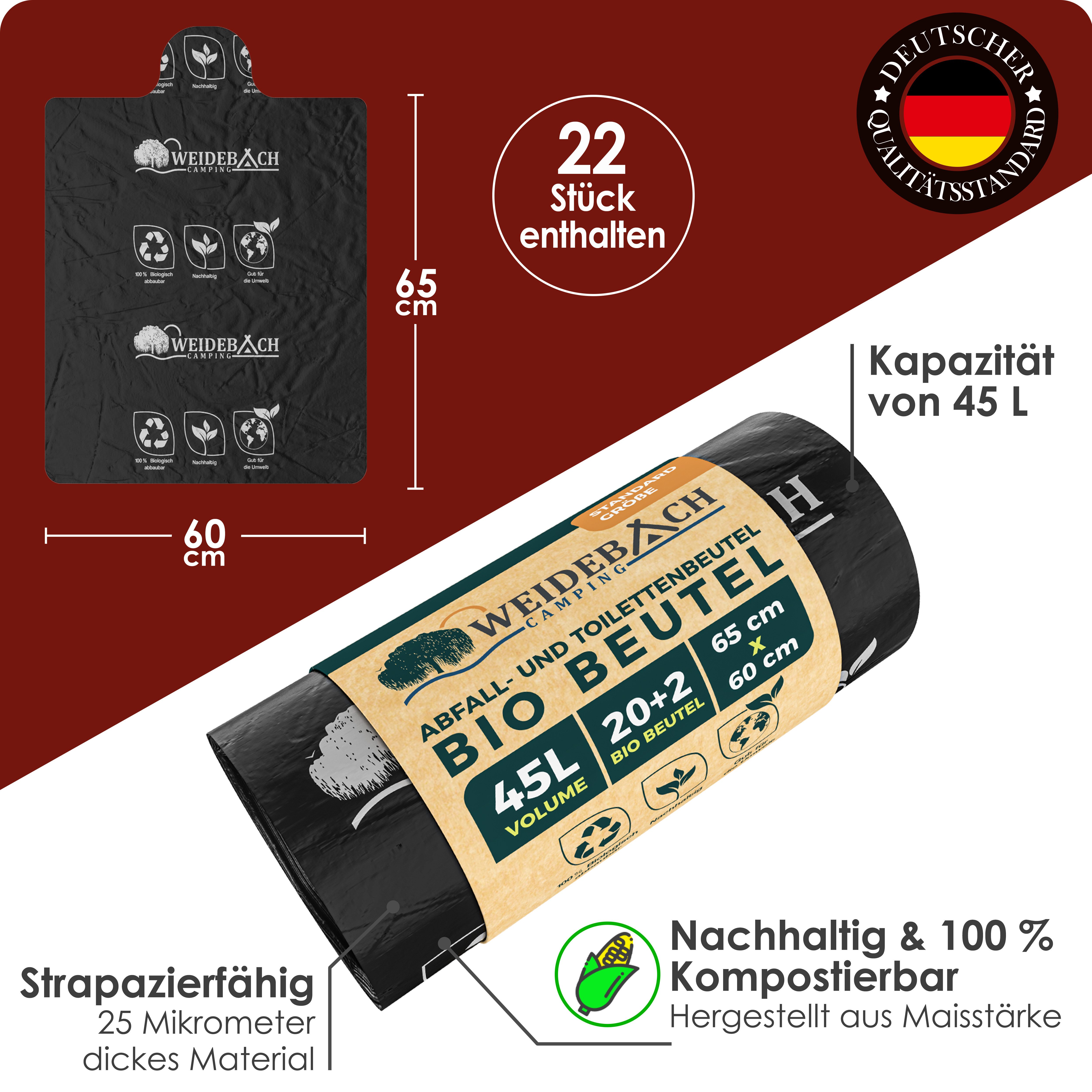 WEIDEBACH Campingtoilette Bio Campingtoilettenbeutel 45L wasserdicht für Campingtoilette, (22-St)
