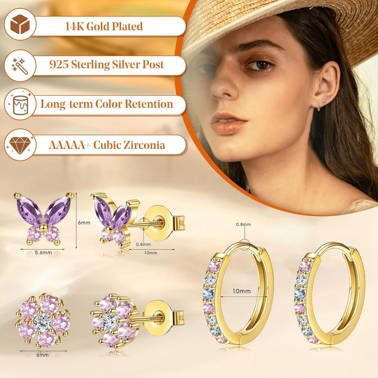 LuxusKollektion Ohrring-Set 3er Set Damen Ohrringe Silber Gold 925 Ohrstecker Creolen Piercings