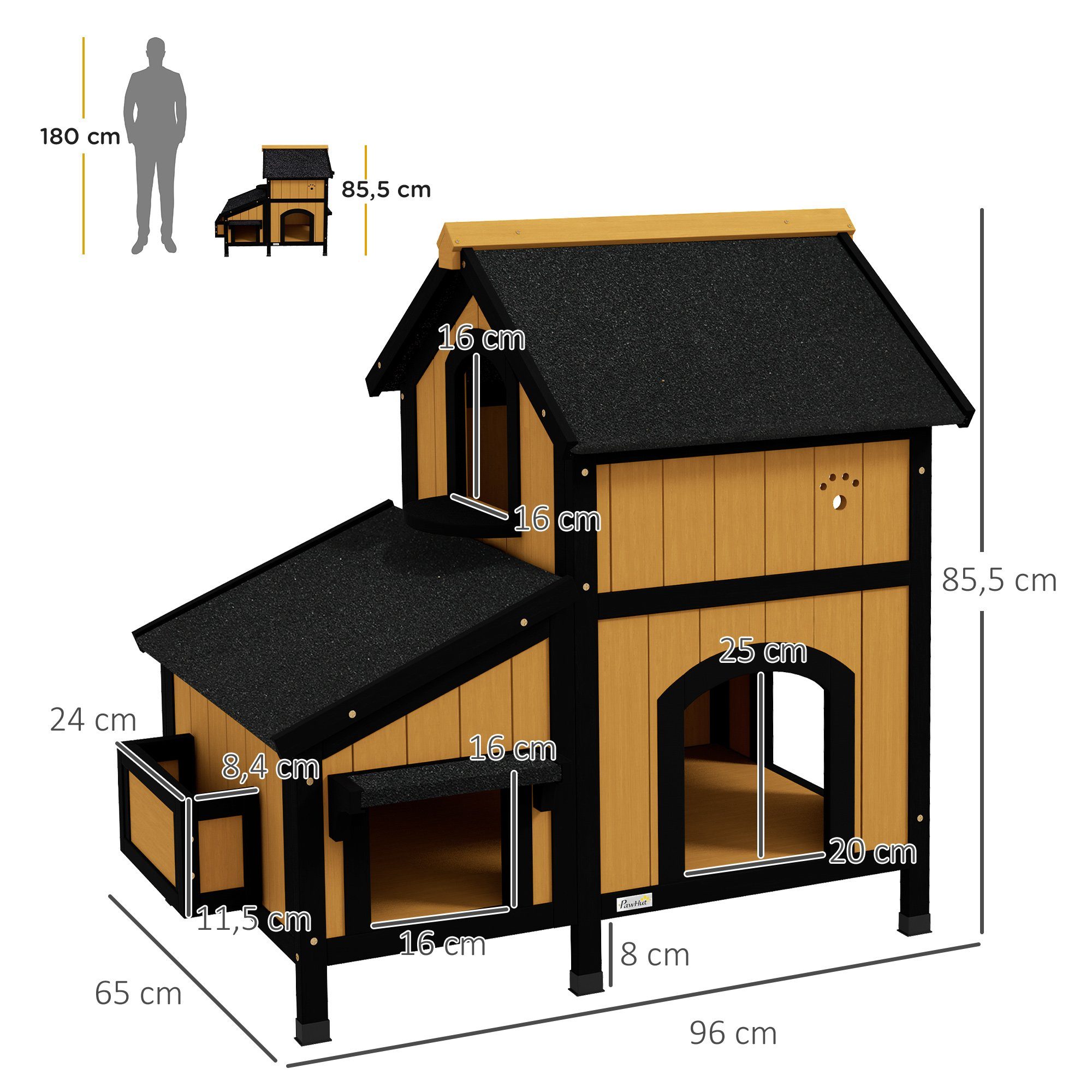 PawHut Tierhöhle Katzenhaus aus Holz, Katzenhütte mit mehreren Eingängen, 2 Etagen, mit Asphaltadach, Blumenkasten, für Katzen bis 7 kg, Gelb