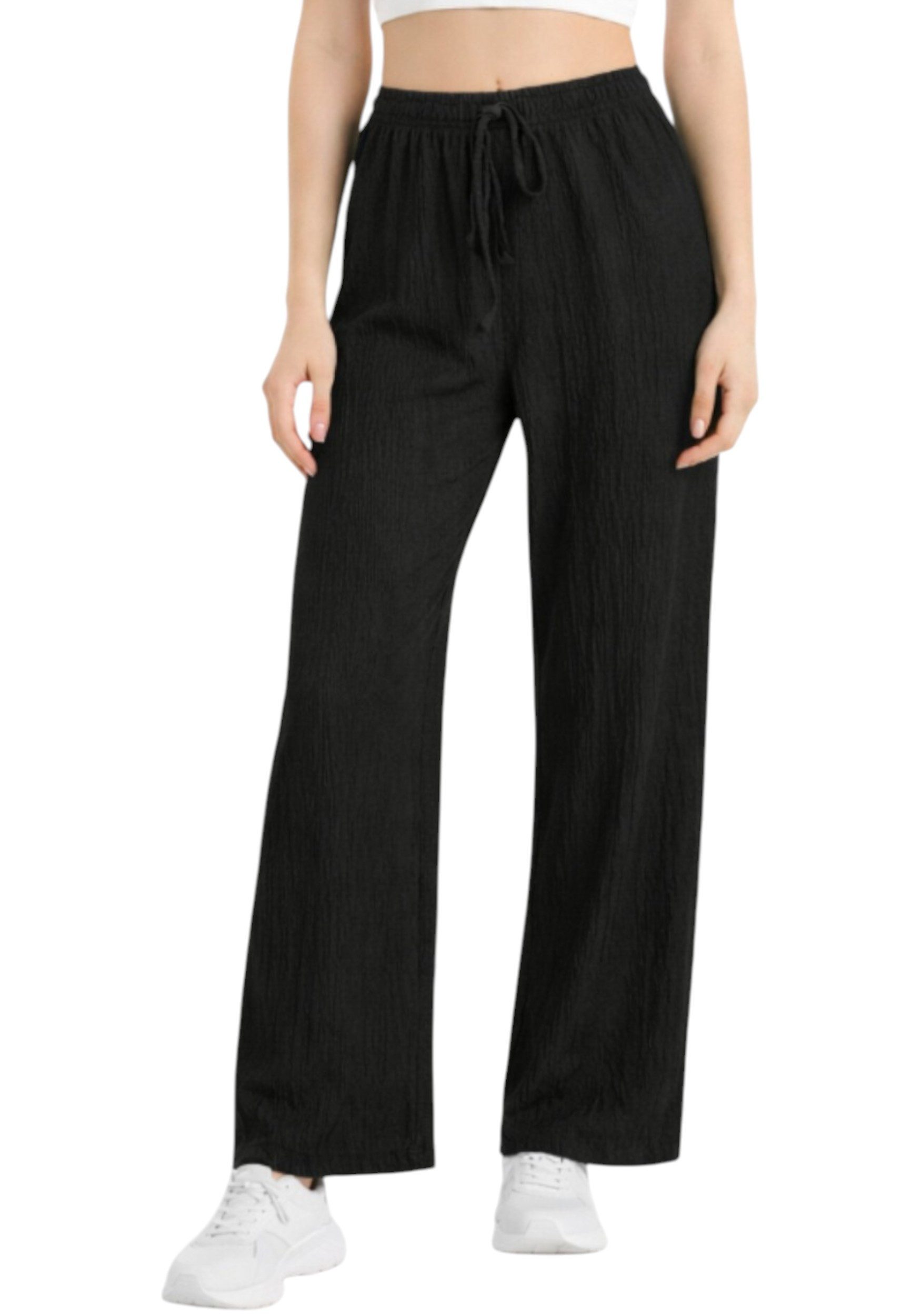 fashionshowcase Palazzohose Damen Crinkle – Weite Sommerhose elastischer Bund hoher Bund, elastischer Tunnelzug