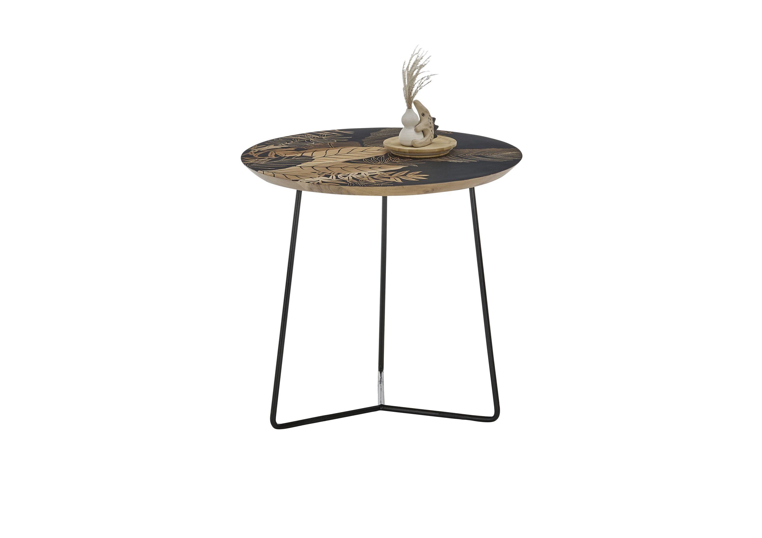 Robas Lund Couchtisch, rund aus Mangoholz m. schwarzem Druck 55x50x55 cm