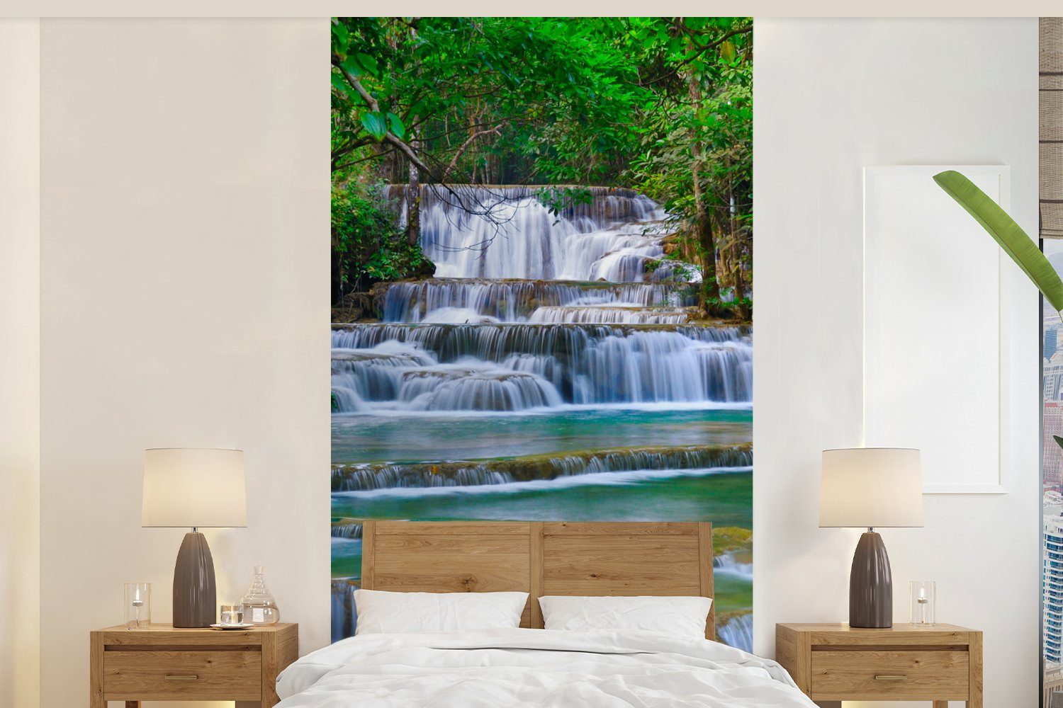 MuchoWow Fototapete Wasserfall - Bäume - Natur - Dschungel, Matt, bedruckt, (2 St), Vliestapete für Wohnzimmer Schlafzimmer Küche, Fototapete