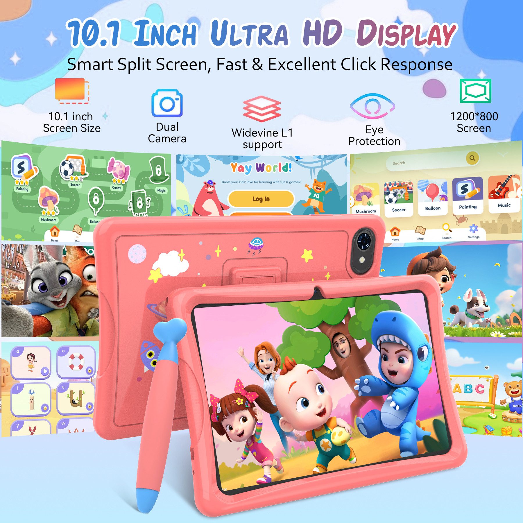 TABWEE 10.1'' Kids Android 15 mit Stylus Tablet (64 GB, 5G wifi, Android 15, Google Kids Space, Gemini AI, mit Stift)