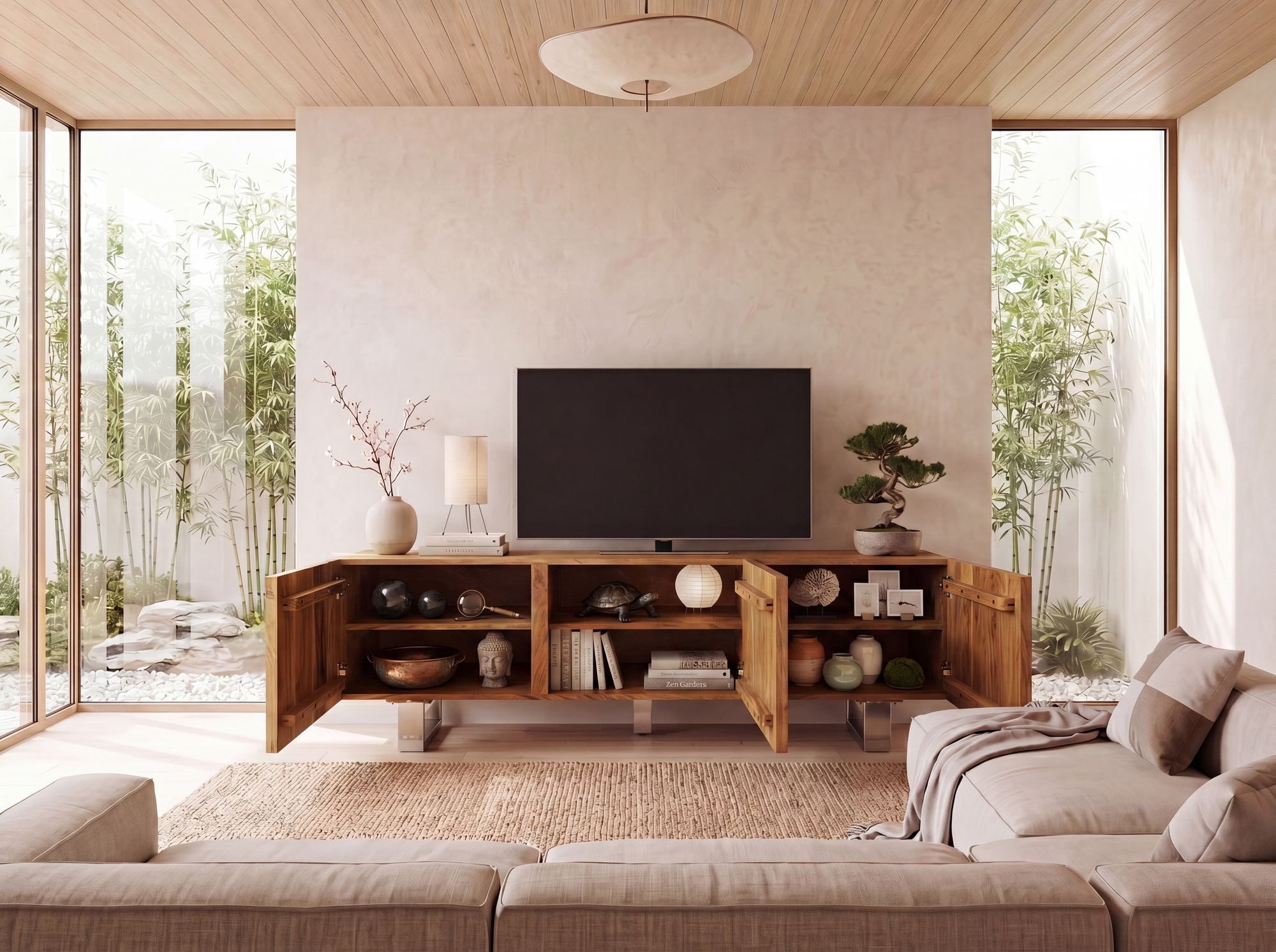 FINEBUY Lowboard FB110095 TV Schrank 160 cm Holz Massiv Fernsehkommode Fernsehschrank (drei Türen, 160x56x46 cm, Akazie Massivholz)
