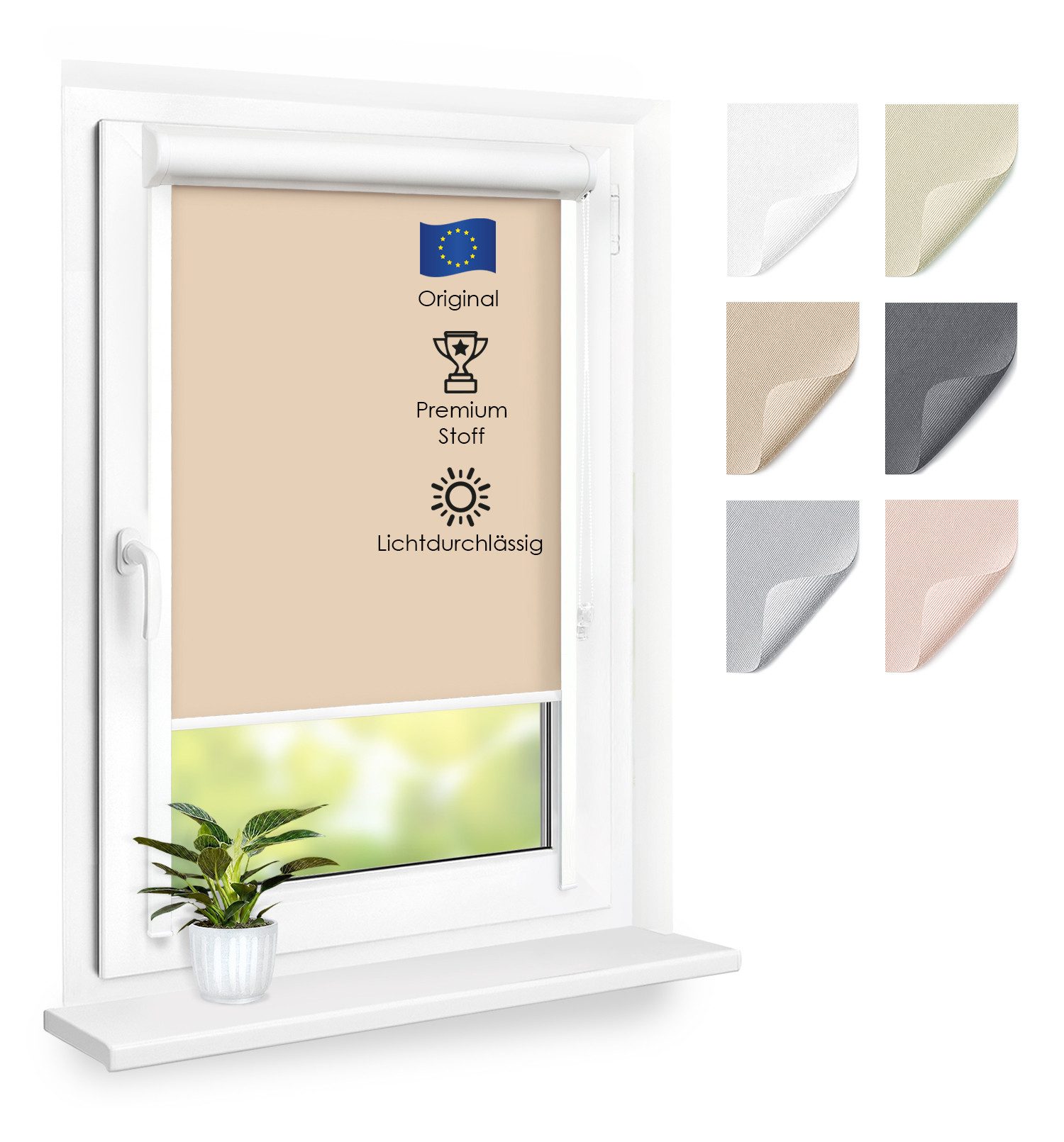 Rollo Premium Kassettenrollo mit Seitenschienen, Fensterrollo, DomDeco, blickdicht, ohne Bohren, durch Kleben oder Schrauben, Lichtdurchlässig, Rollo mit Seitenführung, Seitenzugrollo