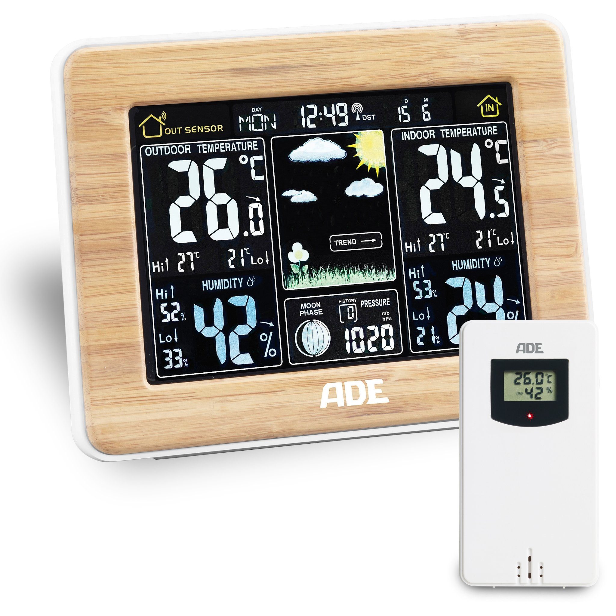 ADE Wetterstation Funk mit Außensensor, mit animierter Vorhersage Funkwetterstation (mit Barometer, LED-Farbdisplay, Funkwecker, Bambusrahmen)