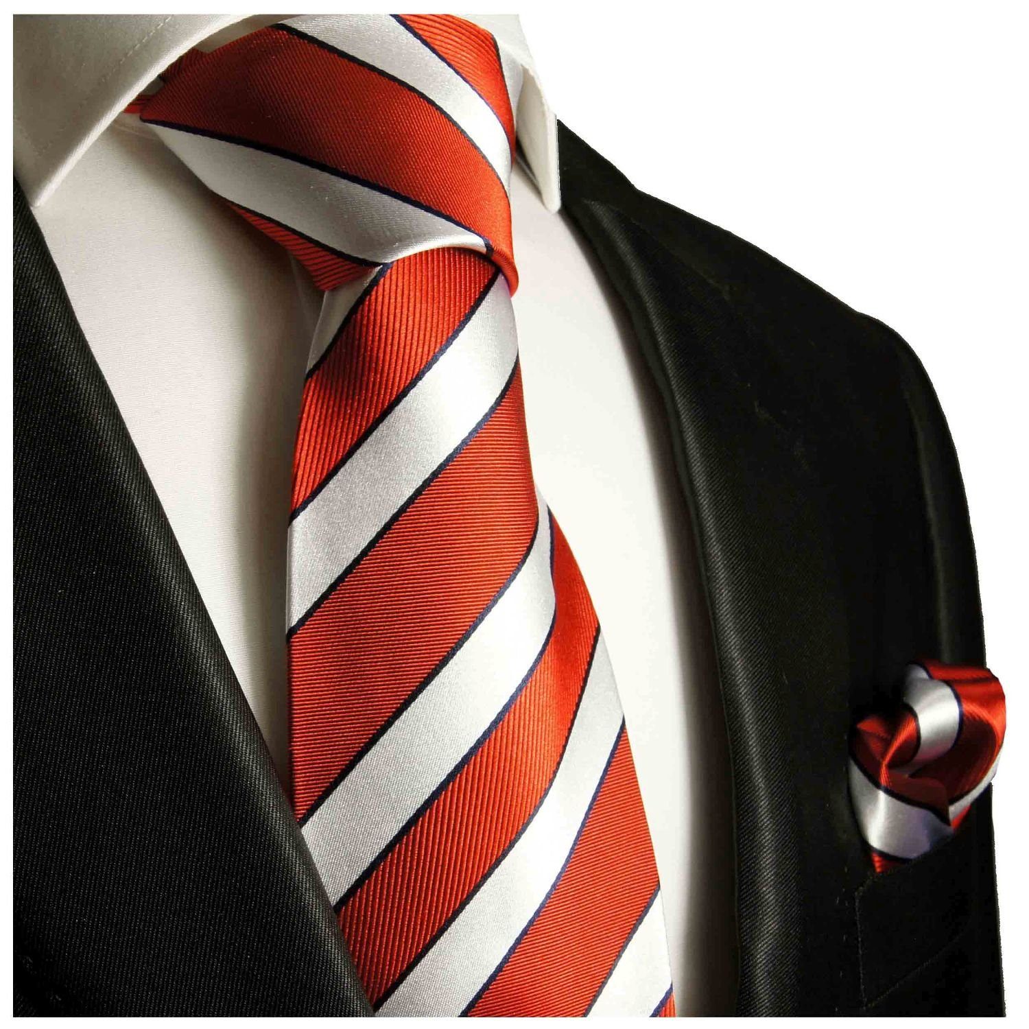 122 Einstecktuch) modern mit rot mit silber Krawatte (Set, Seide 100% gestreift 2-St., Tuch Malone Paul Krawatte (8cm), Seidenkrawatte Herren Breit