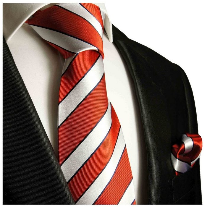 Paul Malone Krawatte Herren Seidenkrawatte mit Tuch modern gestreift 100% Seide (Set 2-St. Krawatte mit Einstecktuch) Breit (8cm) rot silber 122