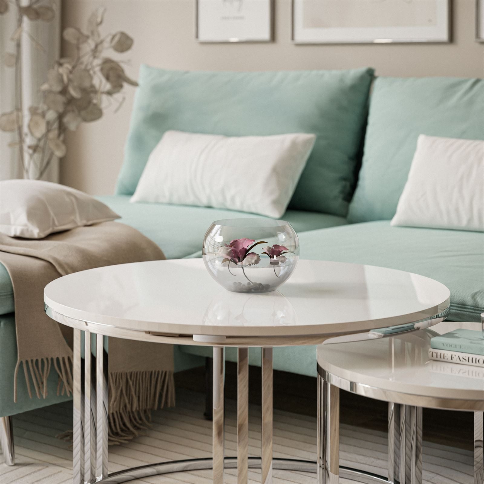 Lookway Couchtisch LORI 2in1 runder Couchtisch mit silber chrom gestell (2er Set), Durchmesser: ⌀70 cm und ⌀50 cm