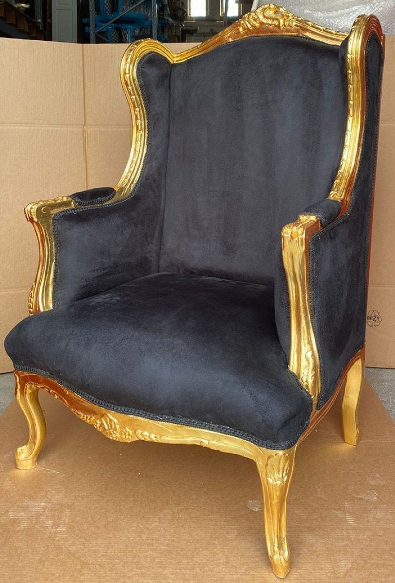 Casa Padrino Ohrensessel Barock Ohrensessel - Handgefertigter Möbel Wohnzimmer Stil Stil Wohnzimmer - Barock Antik - Schwarz Antik / Möbel Gold Sessel